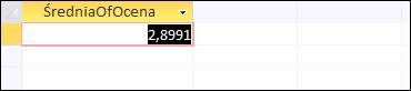 Zrzut ekranu przedstawiający wynik Funkcji ŚredniaOfOcena w postaci tabeli 1 kolumnowej i 1 wierszowej, w której wpisane jest 2,8991.