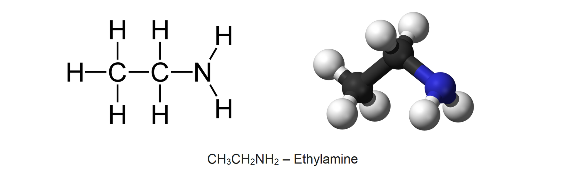 Wzór strukturalny i budowa cząsteczki etyloaminy, ethylamine ce ha trzy ce ha dwa en ha dwa 