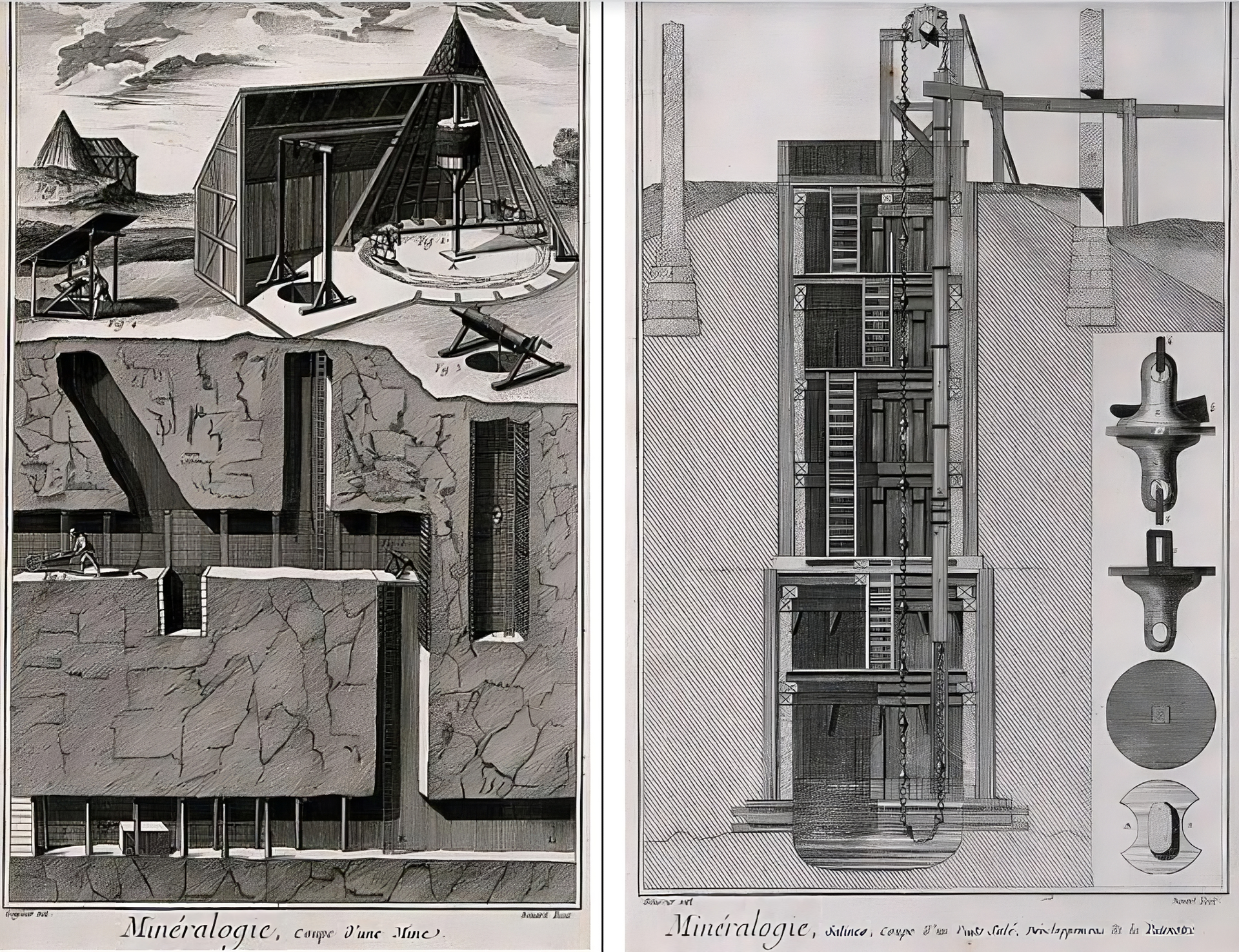 Kliknij, aby powiększyć Zdjęcie przedstawia dwa schematy pracy kopalni: po lewej stronie ciąg szybów z wyciągami. Po lewej stronie, na powierzchni wyciąg ręczny przy którym pracuje człowiek, pod nim skośny szyb do którego odchodzi łańcuch. Szyb łączy się z drugim, poziomym, w którym znajduje się człowiek z taczką. W środkowej części ilustracji, na powierzchni znajduje się budynek z wyciągiem konnym połączonym z środkowym szybem. Po prawej stronie ilustracji wyciąg ręczny. Druga ilustracja przedstawia mechaniczny szyb wyciągowy. Nad powierzchnią konstrukcja z zębatką przez którą przechodzi łańcuch spuszczony do szybu. W szybie znajduje się pięć poziomów platform, które łączą drabiny. Po prawej stronie powiększenia elementów łańcucha.