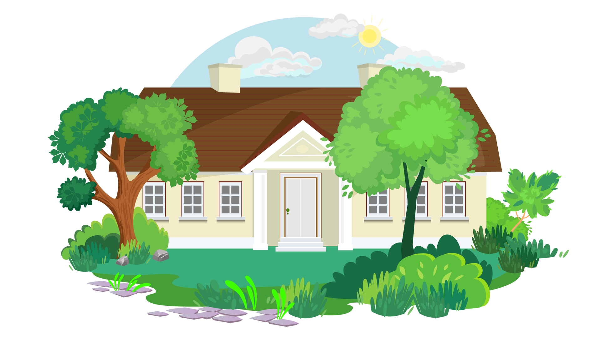 Ilustracja przedstawia dworek w Żelazowej Woli. Jest to beżowy budynek o brązowym dachu, dwóch beżowych kominach, białych oknach i białych drzwiach, nad którymi znajduje się ozdobny daszek. Dworek jest otoczony zielenią. Rosną tam wysokie trawy, niskie krzewy i trzy drzewa liściaste – dwa duże i jedno małe. Na pierwszym planie widać fragment kamiennej ścieżki. W tle znajduje się błękitne niebo ze słońcem i jasnymi chmurami.