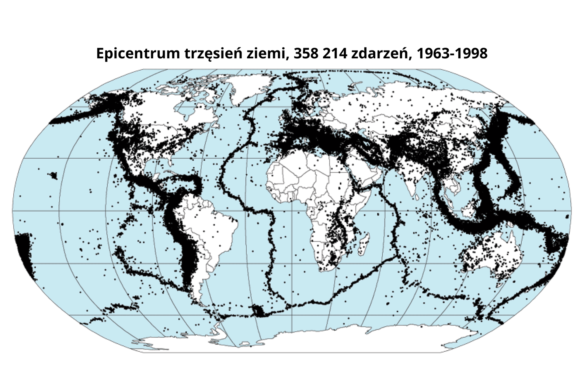 Mapa przedstawia przestrzenne rozmieszczenie trzęsień ziemi na naszej planecie. Trzęsienia ziemi zostały oznaczone na mapie świata czarnymi punktami. Przechodzą one głównie przez zachodnie wybrzeże obu Ameryk. Są skupione wzdłuż linii na oceanie, a także w dużej ilości występują w południowej Europie i południowej Azji, skąd dalej przechodzą przez obszar oceanu wzdłuż wschodniego brzegu Azji oraz przed obszar między Azją południową a Australią.