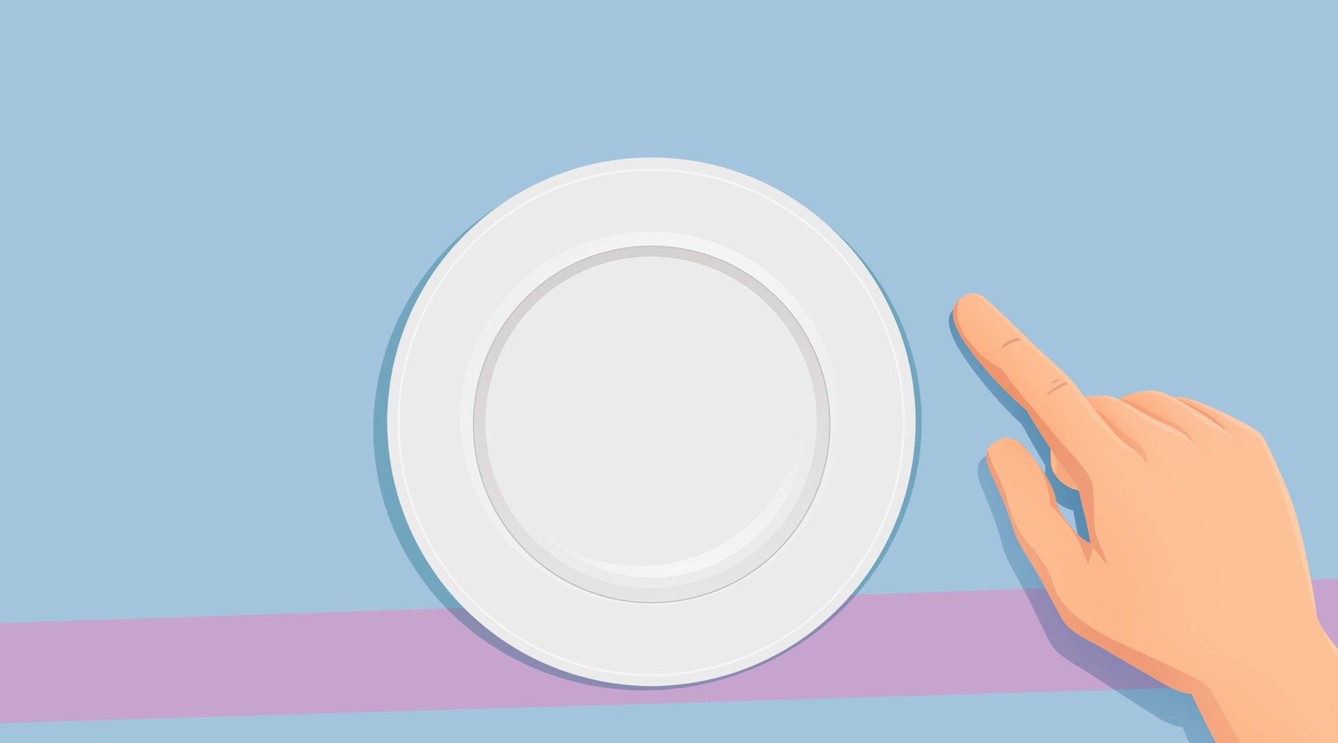 Na ilustracji znajduje się dłoń, która wskazuje palcem prawą stronę talerza.