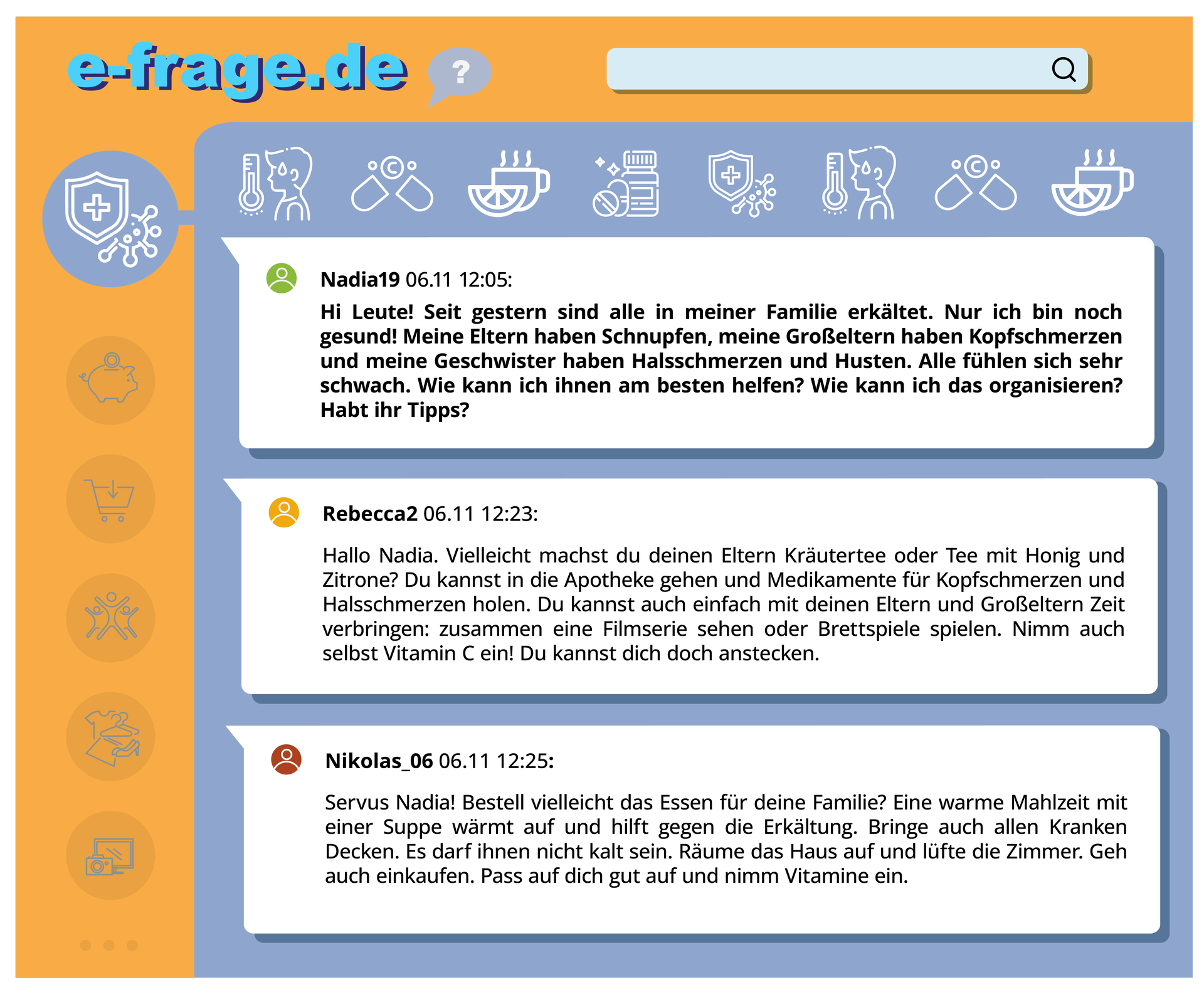 Ilustracja przedstawia rozmowę na forum internetowym. Transkrypcja jest dostępna poniżej.