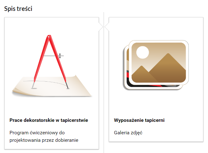Zdjęcie przedstawia przykładowy wygląd spisu treści. Składa się on z dwóch kafelków z grafikami, które posiadają podpisy. Na podpis składa się tytuł oraz rodzaj multimedium.