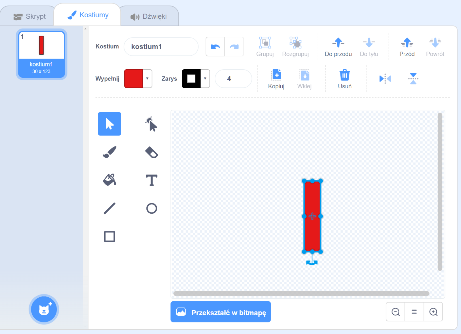 Na zdjęciu widać okno aplikacji w którym przedstawiono edytor kostiumów.W górnej części okna znajdują się zakładki: skrypt, kostiumy, dźwięki. Zakładka kostiumy jest otwarta. Po lewej stronie okna aplikacji widoczny jest pionowy pasek. Na pasku znajduje się zdjęcie przedstawiające czerwony pionowy prostokąt. Pod zdjęciem widoczny jest napis: kostium jeden. Dwadzieścia na sześćdziesiąt. W centralnej części okna widoczne jest pole tworzenia kostiumów. W górnej części okna znajduje się pasek narzędzi. Na pasku znajdują się zakładki kostium jeden oraz kostium. Zakładka kostium jest aktywna. Po prawej stronie widoczne są przyciski z symbolem: strzałki w lewo, strzałki w prawo, szarego i białego prostokąta opisany jako grupuj, szarego i białego okręgu opisany jako rozgrupuj, strzałki do góry przechodzącej przez poziomą prostą opisany jako do przodu, strzałki do dołu przechodzącej przez poziomą prostą opisany jako do tyłu, strzałki do góry przechodzącej przez trzy poziome proste opisany jako przód, strzałki do dołu przechodzącej przez trzy poziome proste opisany jako tył. Niżej w lewym górnym rogu znajduje się pole wypełnij. Obok niego widoczny jest czerwony kwadrat z możliwością wyboru innego koloru. Po prawej stronie pola kwadratu znajduje się pole zarys z kwadratem do wyboru. W kwadracie na czarnym tle widać biały kwadrat. Po  prawej stronie kwadratu umieszczona jest cyfra cztery. Pod Polem na wypełnij znajduje się dziewięć symboli. Symbole są w dwóch rzędach. Symbole w pierwszym rzędzie: strzałka, pędzel, wiadro z wylewającą się farbą, prosta, prostokąt. Pole prostokąta jest wybrane. Symbole w drugim rzędzie kursor na wysokości wierzchołka, gumka, literka T okrąg.Obok przycisków znajduje się główne pole tworzenia kostiumów. W polu widoczny jest narysowany czerwony pionowy prostokąt. Prostokąt jest zaznaczony. Krawędzie prostokąta są niebieskie. Na wierzchołkach i w punktach charakterystycznych znajdują się niebieskie okręgi. Pod prostokątem widać symbol łuku zakończonego strzałką w lewo i prawo.Pod polem tworzenia kostiumów znajduje się niebieski prostokąt z napisem przekształć w bitmapę. Obok w prawym rogu widoczne są przyciski lupa ze znakiem minus, dwie poziome równoległe proste, lupa ze znakiem plus.