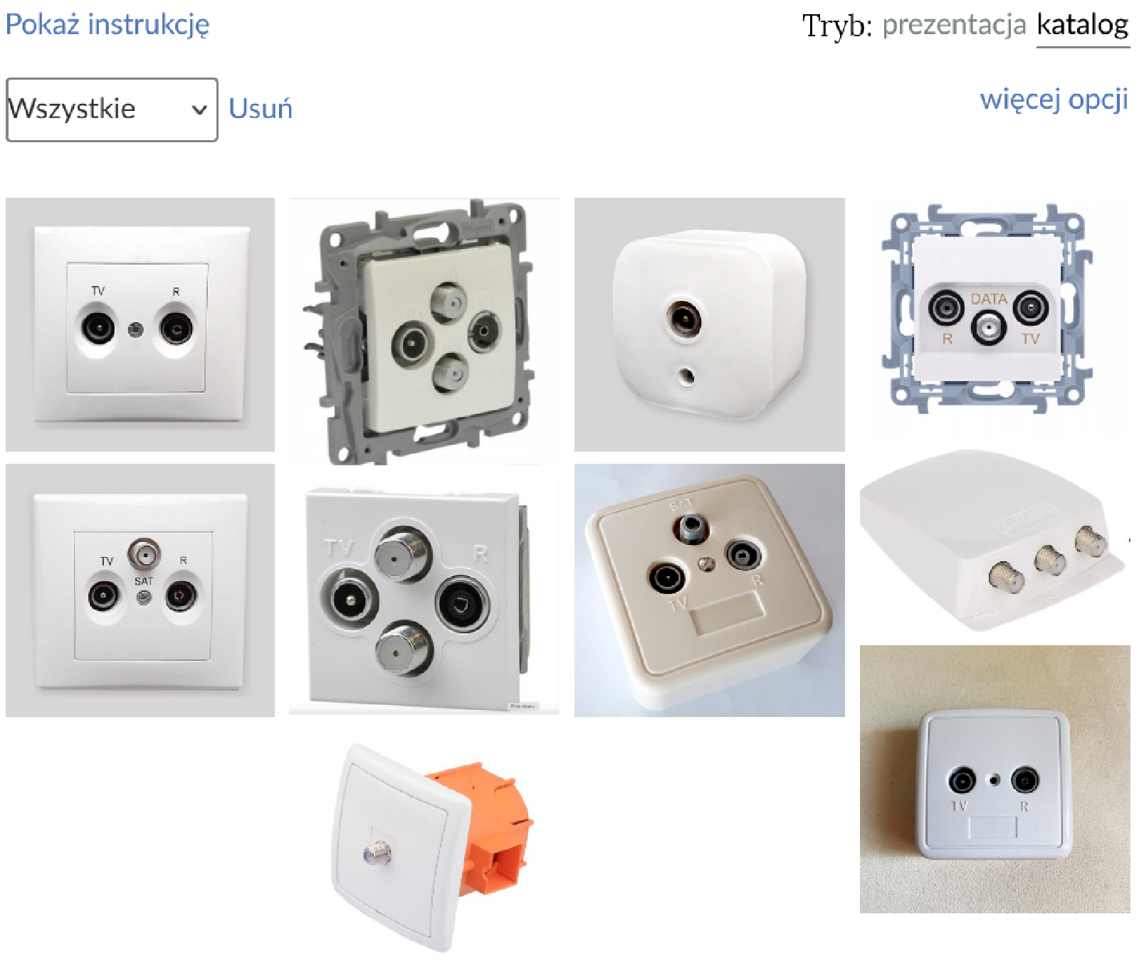 Ilustracja przedstawia katalog gniazd abonenckich. Grafiki ułożone są w czterech rzędach kafelek z ilustracją obok kafelka. Powyżej widać pole, dzięki któremu można posortować grafiki ze względu na kategorie.
