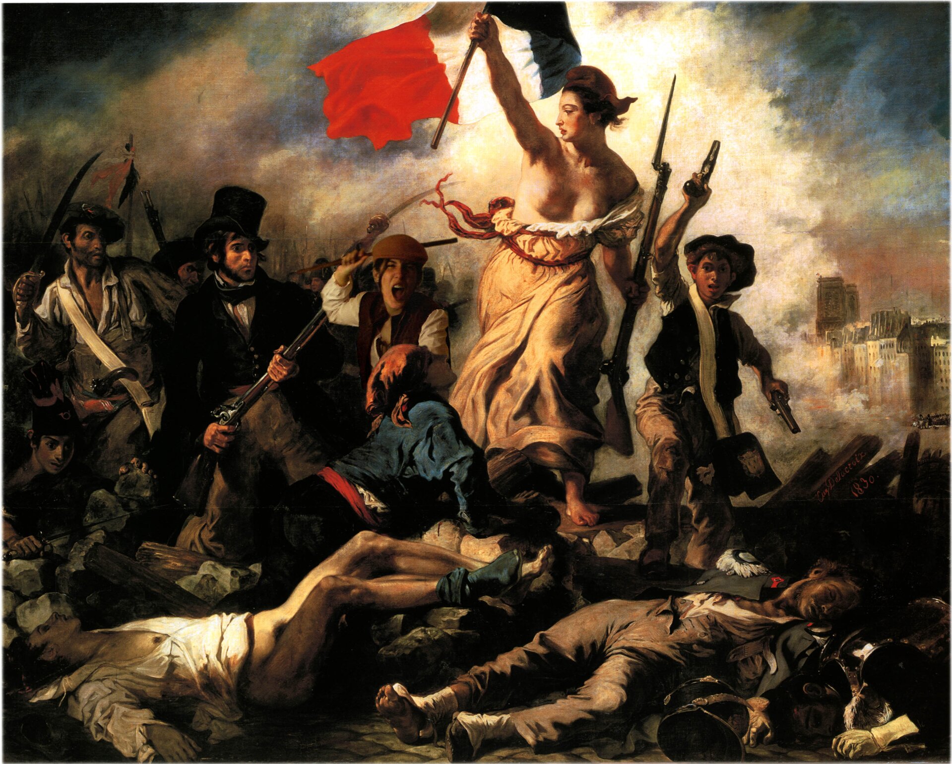 Ilustracja przedstawia obraz Eugène’a Delacroixa „Wolność wiodąca lud na barykady”. Malarz ukazał symbolicznie wolność jako kobietę. W rozdartej sukni, z flagą francuską w jednej dłoni i bagnetem w drugiej prowadzi grupę ludzi. To żołnierze. Wspólnie wyruszają po zwycięstwo i wolność. U dołu obrazu namalowane martwe postaci. W oddali widoczne są budynki. Tło stanowi ciemne niebo i kłębiący się dookoła dym.
