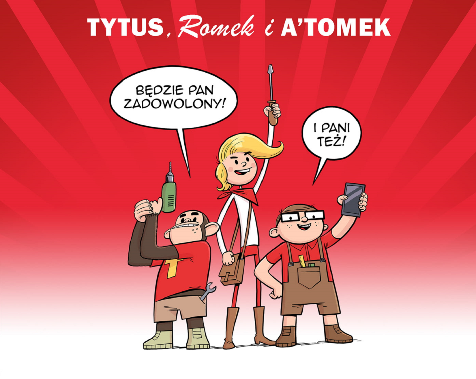 W górnej części ilustracji znajduje się tytuł komiksu: Tytus, Romek i A´Tomek. W środkowej części ilustracji znajdują się trzy postaci. Szympans po lewej stronie ubrany jest w czerwoną koszulkę oraz brązowe spodnie. W ręce trzyma wiertarkę, a w spodniach ma klucz francuski. Chłopiec w środku ubrany jest w czerwone spodnie oraz białą koszulkę. W ręce trzyma śrubokręt. Chłopiec po prawej stronie ubrany jest w brązowe spodnie oraz czerwoną koszulkę. W ręce trzyma telefon. Tło ilustracji jest czerwone.