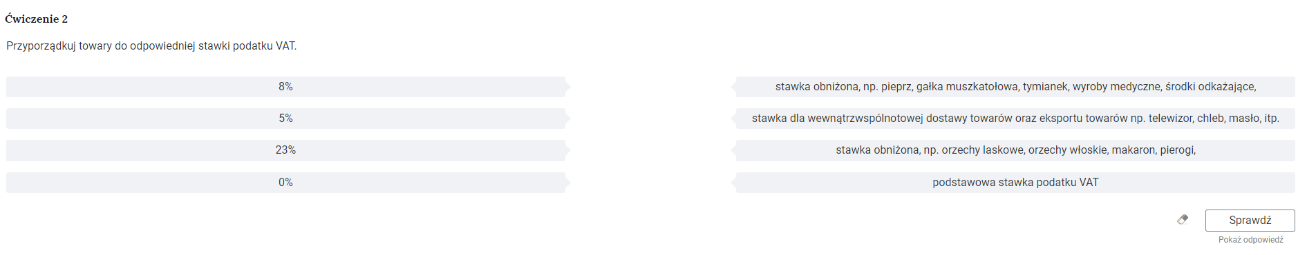 Grafika przedstawia przykładowe ćwiczenie polegające na łączeniu elementów w pary. W górnej części polecenie: “Ćwiczenie drugie. Przyporządkuj towary do odpowiedniej stawki podatku VAT”. Poniżej dwie kolumny złożone z szarych ramek z treścią. Po lewej stronie ramki z wysokością podatku: 8%, 5%, 23%, 0%. Po prawej stronie ramki z opisem stawek: “stawka obniżona, na przykład pieprz, gałka muszkatołowa, tymianek, wyroby medyczne, środki odkażające; stawka dla wewnątrzwspólnotowej dostawy towarów oraz eksportu towarów np. telewizor, chleb, masło i tym podobne; stawka obniżona, na przykład orzechy laskowe, orzechy włoskie, makaron, pierogi; podstawowa stawka podatku VAT. Poniżej, w prawym dolnym rogu znajduje się ramka z tekstem "Sprawdź". Po lewej stronie obok ramki jest szaro‑biała gumka do mazania. Poniżej tekst: "Pokaż odpowiedź".