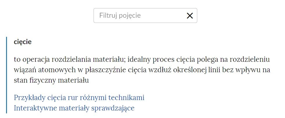 Widoczne zdjęcie zakładki słownika. Prostokątny panel  wewnątrz napis "Filtruj pojęcie". W jego prawym końcu znak iks. Poniżej widoczny tekst.