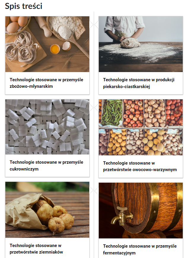 Grafika przedstawia przykładowy widok spisu treści. Widoczny jest napis: Spis treści. Poniżej znajduje się sześć kafelków. Umieszczono na nich tytuł materiału oraz ilustrację powiązaną z jego tematem. Pierwszy kafelek. Technologia stosowana w przemyśle zbożowo‑młynarskim. Na zdjęciu widoczna jest deska z nitkami makaronu, kosz z czterema jajkami, wałek do ciasta oraz miska z mąką. W misce leży drewniana łyżka pełna mąki. Drugi kafelek. Technologie stosowane w produkcji piekarsko‑ciastkarskiej. Na zdjęciu widać osobę wyrabiającą ciasto na posypanym mąką stole.Trzeci kafelek. Technologie stosowane w przemyśle cukrowniczym. Na zdjęciu widoczne są białe kostki cukru. Czwarty kafelek. Technologie stosowane w przetwórstwie owocowo‑warzywnym. Zdjęcie przedstawia dziewieć pudeł pełnych owoców i warzyw, na przykład jabłek, cebuli, groszku i cebuli. Piąty kafelek. Technologie stosowane w przetwórstwie ziemniaków. Na zdjęciu widoczne jest pięć ziemniaków wypadających z papierowej torby leżącej na stole. Szósty kafelek. Technologie stosowane w przemyśle fermentacyjnym. Zdjęcie przedstawia drewnianą beczkę z żelaznymi obręczami i miedzianym kranikiem.