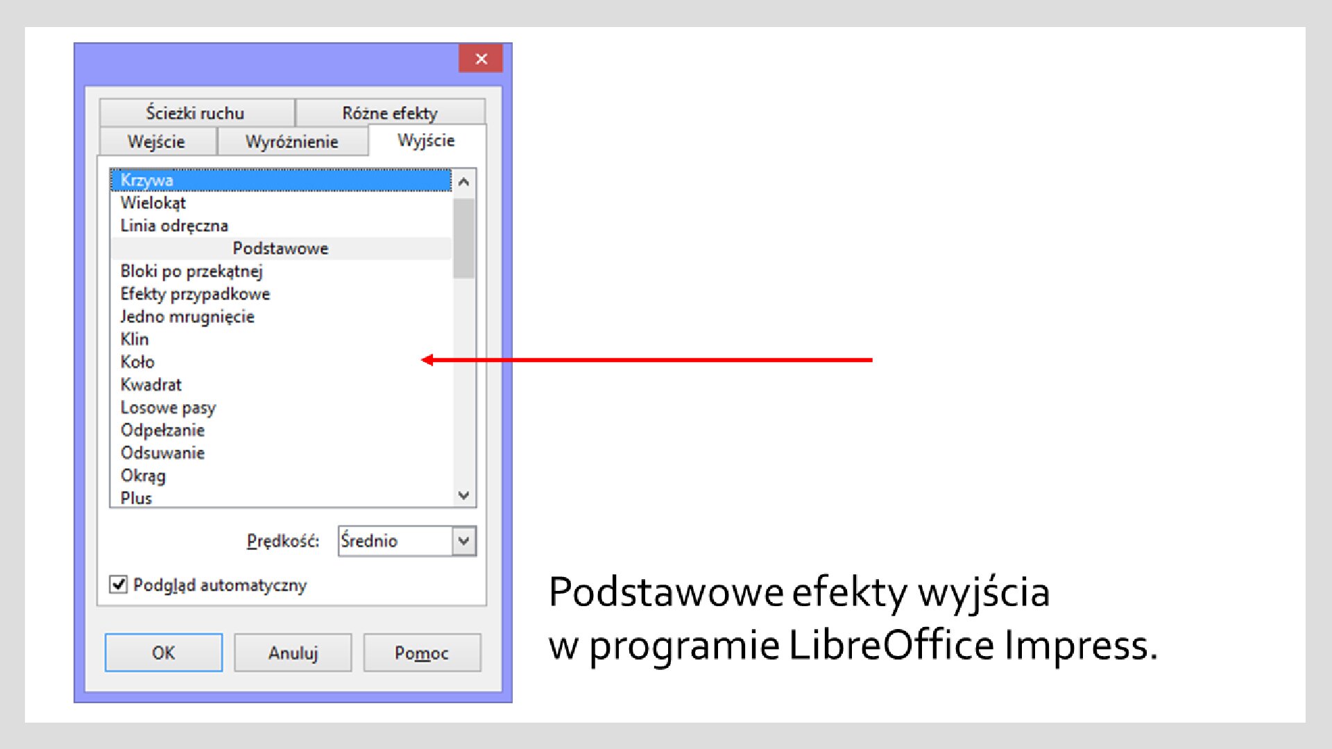 Slajd 2 galerii zrzutów okien z efektami wyróżnienia i wyjścia w programie LibreOffice Impress