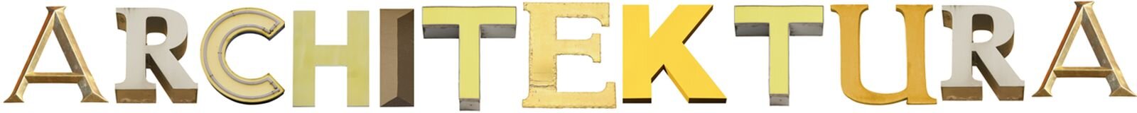 Napis „architektura" został „zbudowany" z różnych krojów liter. Oddaje to sens słowa, które dotyczy budowli i budowania.