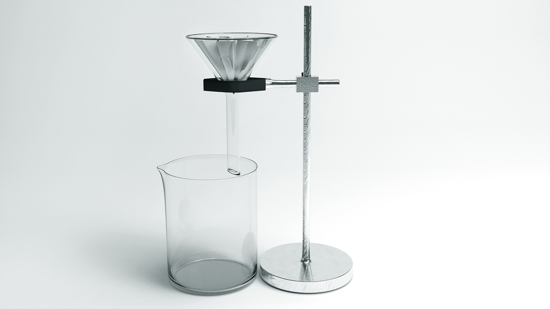 Ilustracja przedstawia następujący zestaw laboratoryjny. W łapie laboratoryjnej przymocowanej do statywu umieszczono lejek szklany z sączkiem karbowanym. Nóżka lejka skierowana jest do wnętrza zlewki znajdującej się tuż pod lejkiem.