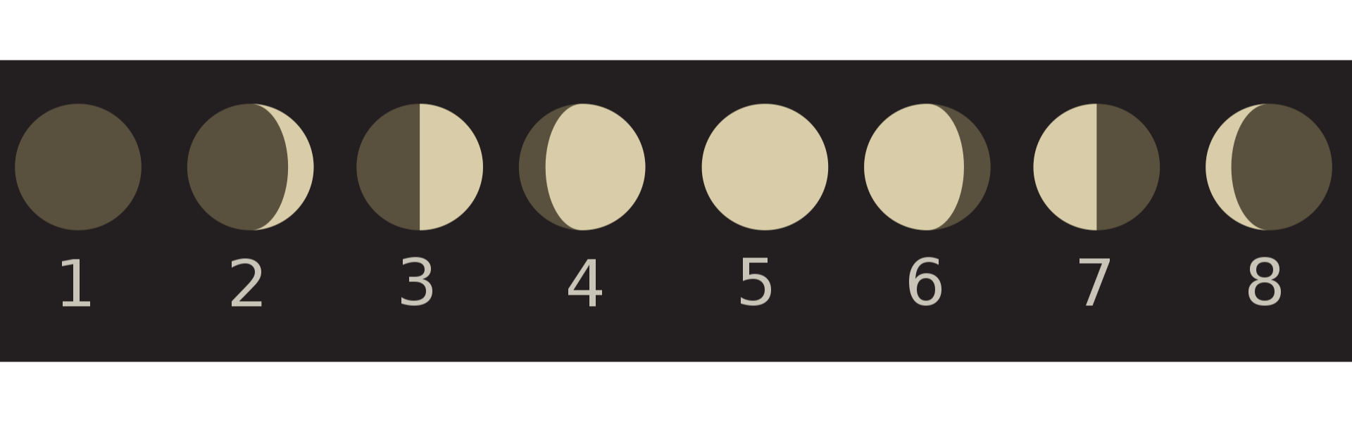 Na rysunku przedstawione jest osiem faz księżyca. Księżyc pokazany jest jako koło, na którym zacieniona jest część odpowiadająca danej fazie. Fazy ponumerowane są: 1 - całe koło zacienione, 2 - prawie całe koło zacienione od lewej, 3 - lewa połowa koła zacieniona, 4 - niewielka część koła zacieniona od lewej, 5 - niezacienione koło, 6 - niewielka część koła zacieniona od prawej, 7 - połowa koła zacieniona od prawej, 8 - prawie całe koło zacienione od prawej.  