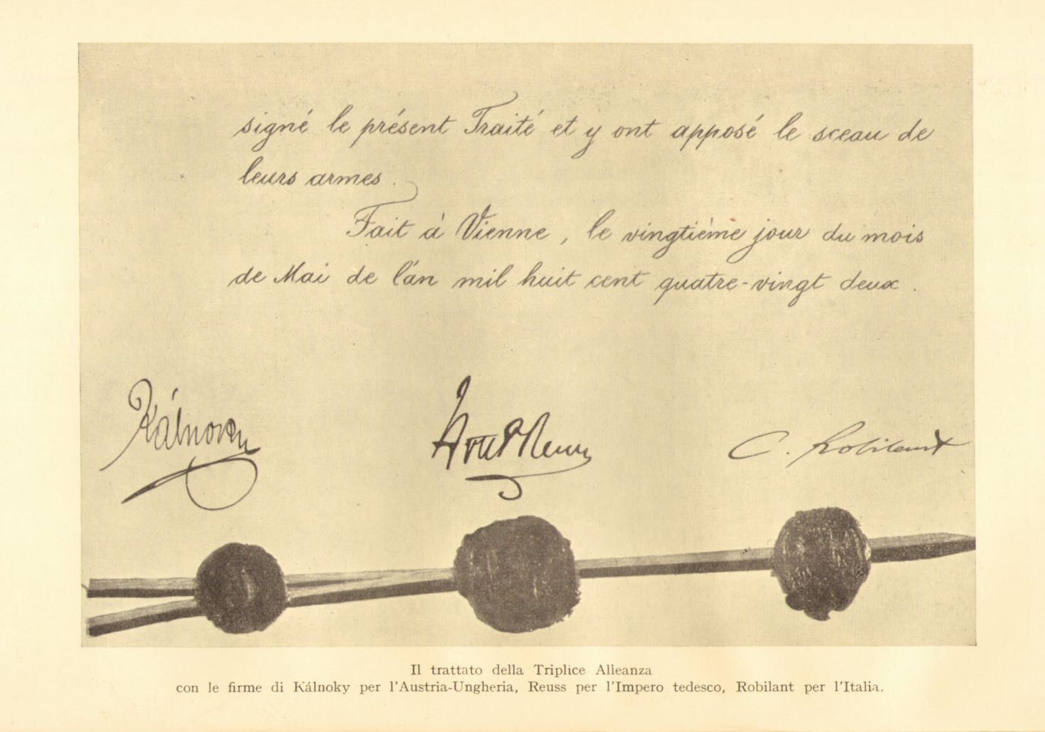 Ilustracja przedstawia podpisy. Na górnej części kartki jest napis. Niżej są trzy podpisy, a pod nimi są pieczęcie umieszczone na poziomej linii.