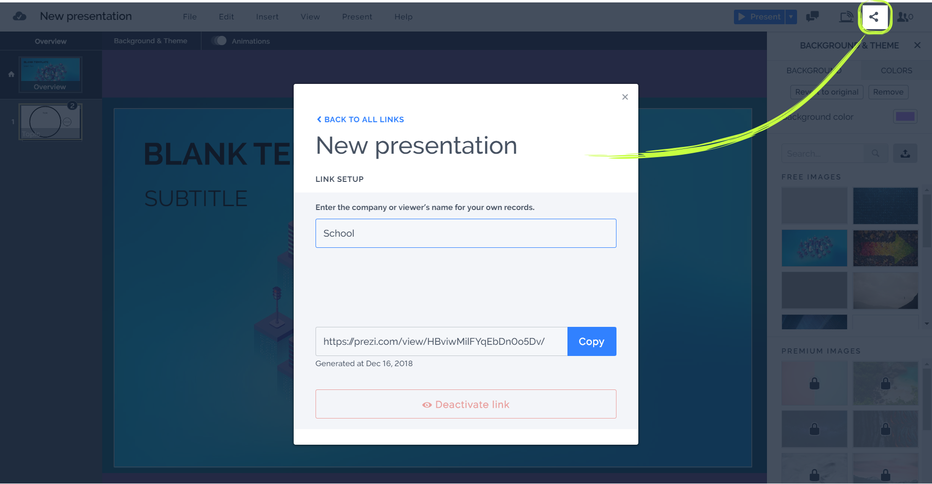Zrzut z ekranu przedstawia edytor online prezi.com. Zaznaczona jest przycisk udostępniania prezentacji (kąt ostry, na końcach obu ramion i wierzchołku punkty). W centralnej części znajduje się formatka. Na na niej od góry: link 'BACK TO ALL LINK', niżej napis New presentation (tytuł udostępnianej prezentacji). Sekcja lin setup: Enter the company or viewer's name for your own records, poniżej okno tekstowe z wpisanym użytkownikiem School. Niżej okno tekstowe, w którym znajduje się link do udostępnienia i przycisk Copy. Pod spodem data wygenerowania: Generated at Dec 16,2018. Na samym dole przycisk Deactivate link