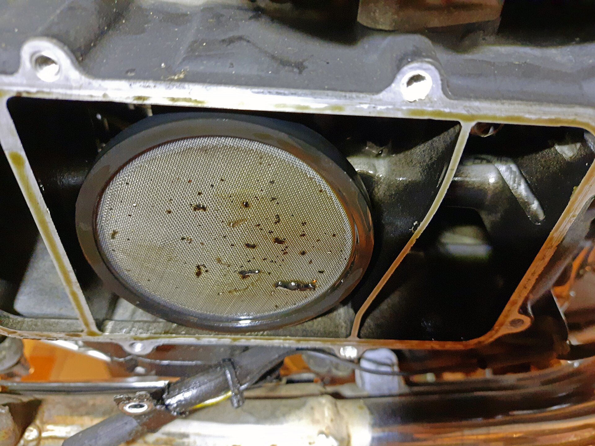 Grafika przedstawia grube zanieczyszczenia, czyli skroplony olej, odłożony na siatce filtra oleju wstępnego oczyszczania.