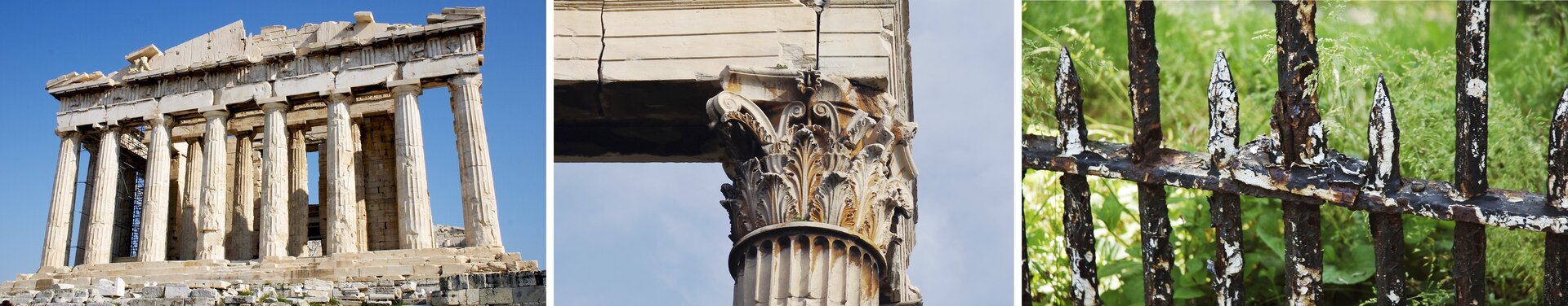 Ilustracja składa się z trzech zdjęć prezentujących wpływ kwasu na budowle. Na zdjęciu po lewej stronie oglądane z daleka ruiny Partenonu znajdującego się na Akropolu w Atenach. Na zdjęciu środkowym zbliżenie górnej części jednej z kolumn, czyli tak zwanej głowicy. Misterne liściaste zdobienia typu korynckiego w białym marmurze noszą liczne ślady uszkodzeń i przebarwień spowodowanych przez kwas. Na zdjęciu po prawej stronie, oglądane z bliska, zabytkowe, metalowe, skorodowane ogrodzenie, pokryte czarnym i białym nalotem.