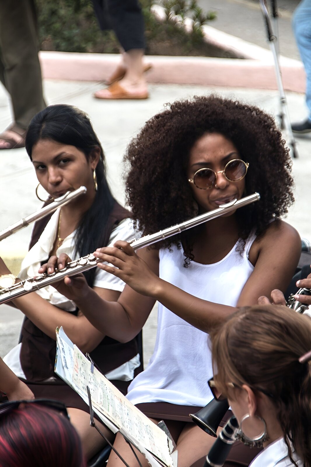 Ilustracja przedstawia część orkiestry grającej na placu. W centralnej części ilustracji siedzą dwie kobiety. Obie mają długie czarne włosy i są ubrane w białe bluzki. Każda z nich gra na srebrnym flecie bocznym. Jest to podłużny instrument posiadający otwory, które w czasie gry zatyka się palcami w celu uzyskania odpowiedniego dźwięku. Flet posiada również część, w którą się dmucha. We flecie bocznym znajduje się ona na bocznej części instrumentu.