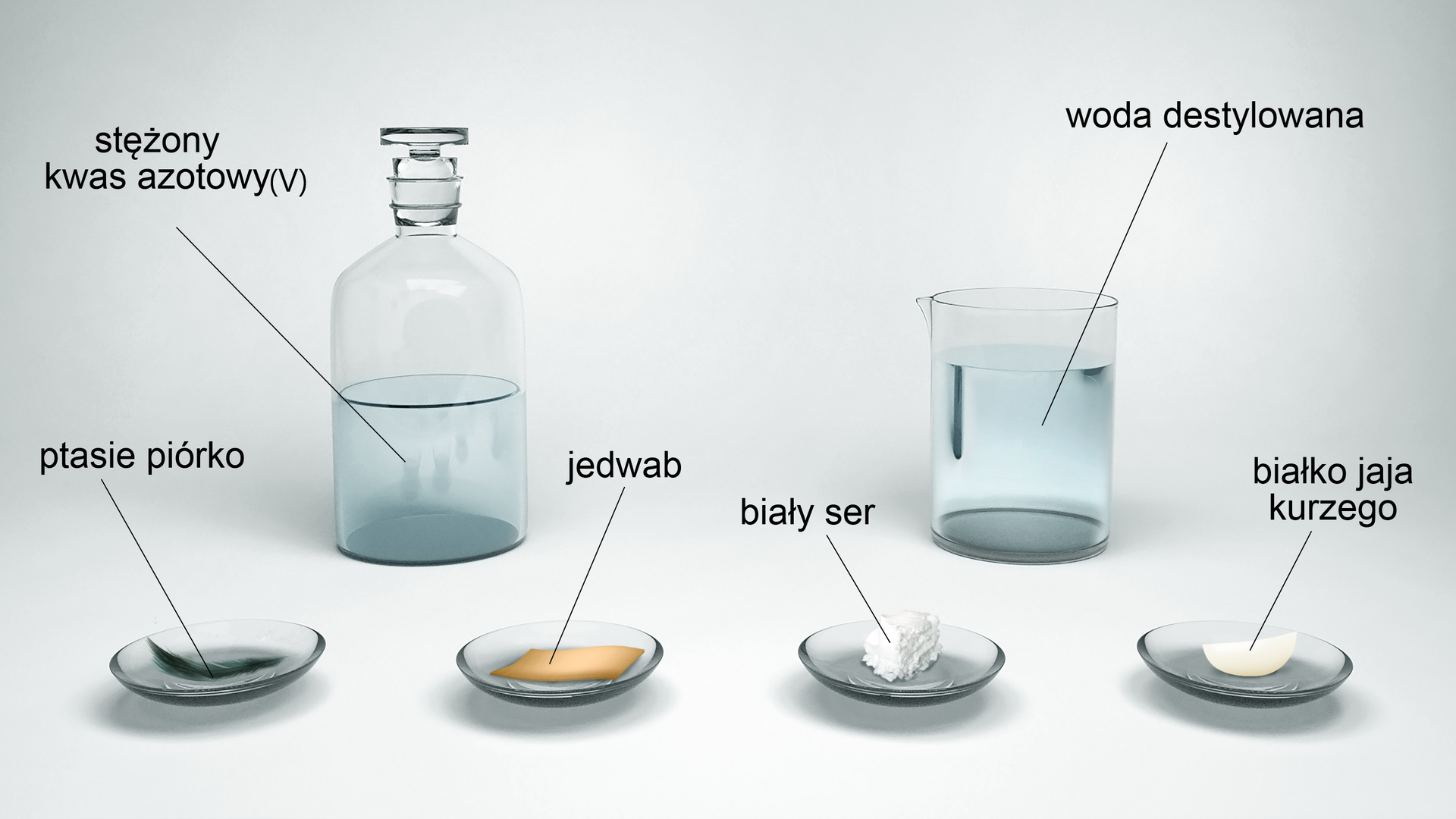 Ilustracja przedstawia szklaną butelkę ze stężonym kwasem azotowym(<math aria‑label="pięć">V), zlewkę wypełnioną wodą destylowaną oraz cztery szkiełka zegarkowe. Na pierwszym znajduje się ptasie pióro, na drugim kawałek jedwabiu, na trzecim biały ser, a na czwartym białko jaja kurzego.