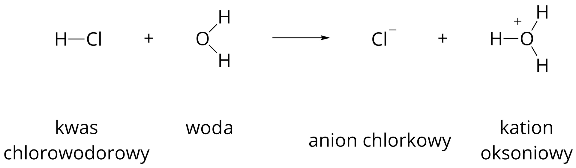 Równanie reakcji dysocjacji elektrolitycznej kwasu chlorowodorowego. Atom H połączony wiązaniem pojedynczym z atomem Cl z podpisem "kwas chlorowodorowy", następnie widzimy znak plus a po nim atom O połączony dwoma wiązaniami z atomami H. Obok znajduje się strzałka wskazująca w prawą stronę, a za nią jon Cl- z podpisem "anion chlorkowy", znak plus oraz jon zbudowany z jednego atomu O, od którego odchodzą trzy wiązania do trzech atomów H, a całość oznaczona jest symbolem plus. Pod jonem znajduje się podpis "kation oksoniowy". 