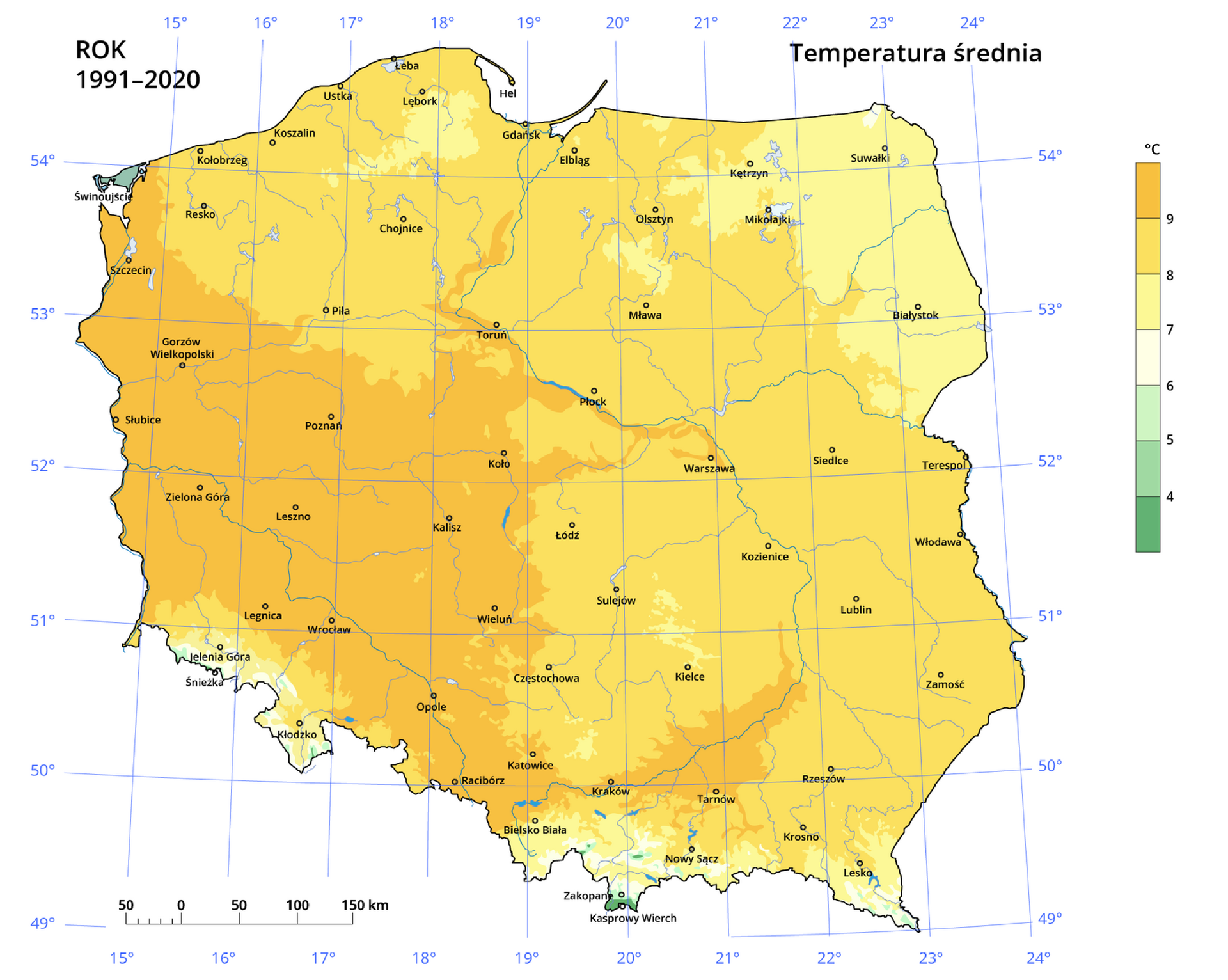 Mapa Polski przedstawiająca średnią roczną temperaturę powietrza w stopniach Celsjusza w latach 1991‑2020. Temperatury oznaczono kolorami, od zielonego (4 stopnie) dla najniższych do pomarańczowego (9 stopni) w przypadku najwyższych. Najcieplejsze obszary na terenie Polski występują na zachodzie kraju, izoterma 9 stopni Celsjusza przebiega mniej więcej od wybrzeża Bałtyku do Szczecina następnie kieruje się na południowy wschód w kierunku Piły, Koła, gdzie kieruje się następnie na południe do okolic Katowic, obejmuje obszar Krakowa i doliny WIsły a następnie powraca i w okolicy Bielsko Białej zamyka ten obszar. Cieplejsze obszary występują również w Dolinie Wisły od okolic Warszawy idąc korytem rzeki aż do wysokości Chojnic. Zimniejsze obszary występują na wschód od obszaru sięgającego ponad 9 stopni Celsjusza.Obszary których średnia temperatura od 1991 do 2020 roku wynosi poniżej 8 stopni celsjusza występują Na północnym wschodzie kraju obejmując Kętrzyn Suwałki, Mikołajki oraz Białystok. Jaśniejsza plama występuje również na południe od wybrzeża na wysokości Łeby do Koszalina. Obszary zimniejsze występują również na obszarach Sudetów i Karpat. Mapa pokryta jest siatką kartograficzną na której oznaczono wartości południków i równoleżników co jeden stopień. Z lewym dolnym rogu znajduje się podziałka liniowa, w prawym górnym napis temperatura średnia a w lewym górnym rogu napis rok 1991‑2020. Obok mapy znajduje się legenda objaśniająca znaczenie barw użytych na mapie.