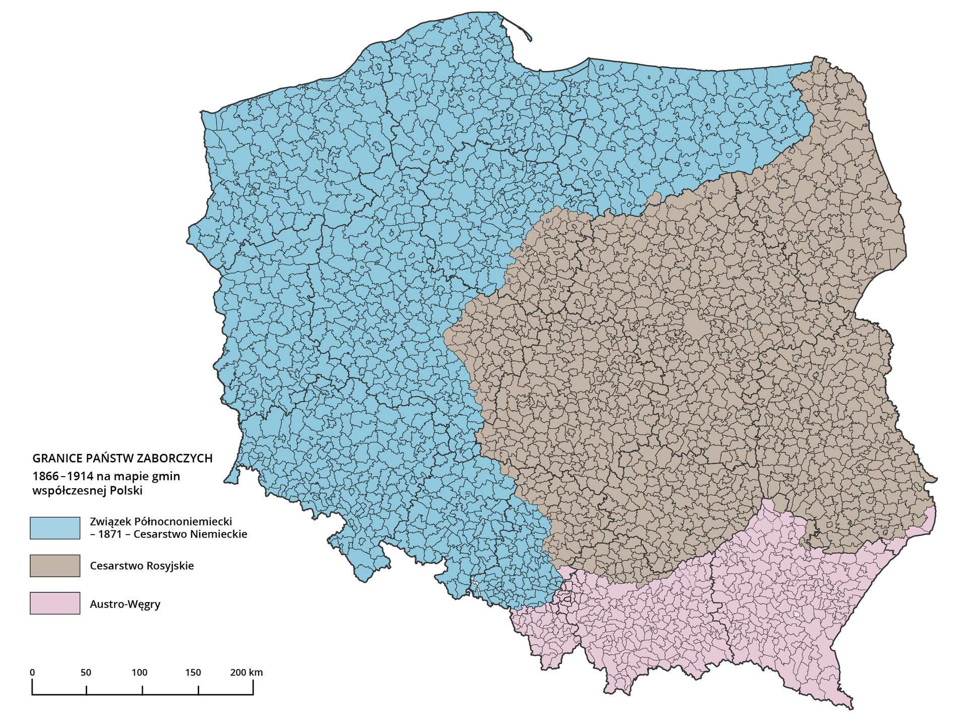 Mapa Polski przedstawia granice państw zaborczych w latach 1866-1914. Kolorem niebieskim jest zaznaczony Związek Północnoniemiecki i obejmuje całą północno-zachodnią część kraju. Kolorem szarym jest zaznaczone Cesarstwo Rosyjskie i obejmuje środkowo-wschodnią część kraju. Kolorem jasnoróżowym są zaznaczone Austro-Węgry - obejmują one południe kraju.
