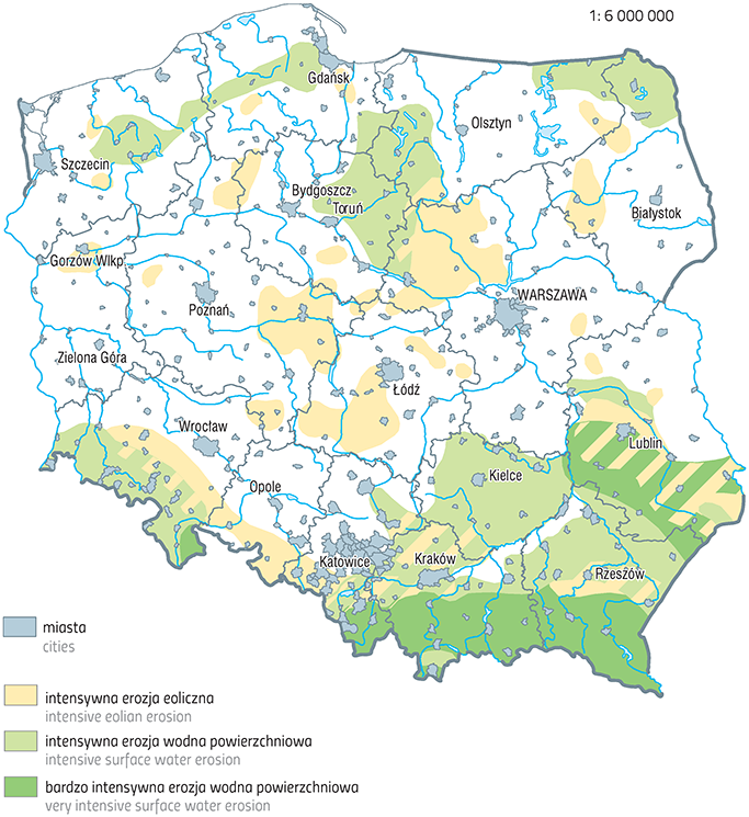 Mapa przedstawia erozję gleb w Polsce. Mapa jest wykonana w skali 1 : 6 000 000. Kolorem ciemnozielonym oznaczono bardzo intensywną erozję wodną powierzchniową i występuje ona na samym południu kraju, poniżej Krakowa i Rzeszowa na południe. Kolorem jasnozielonym oznaczono intensywną erozję wodną powierzchniową i występuje ona w okolicach Kielc, Krakowa, Rzeszowa, Torunia, ciągnie się też między Gdańskiem a Szczecinem, a także w okolicach Suwałk oraz Jeleniej Góry.