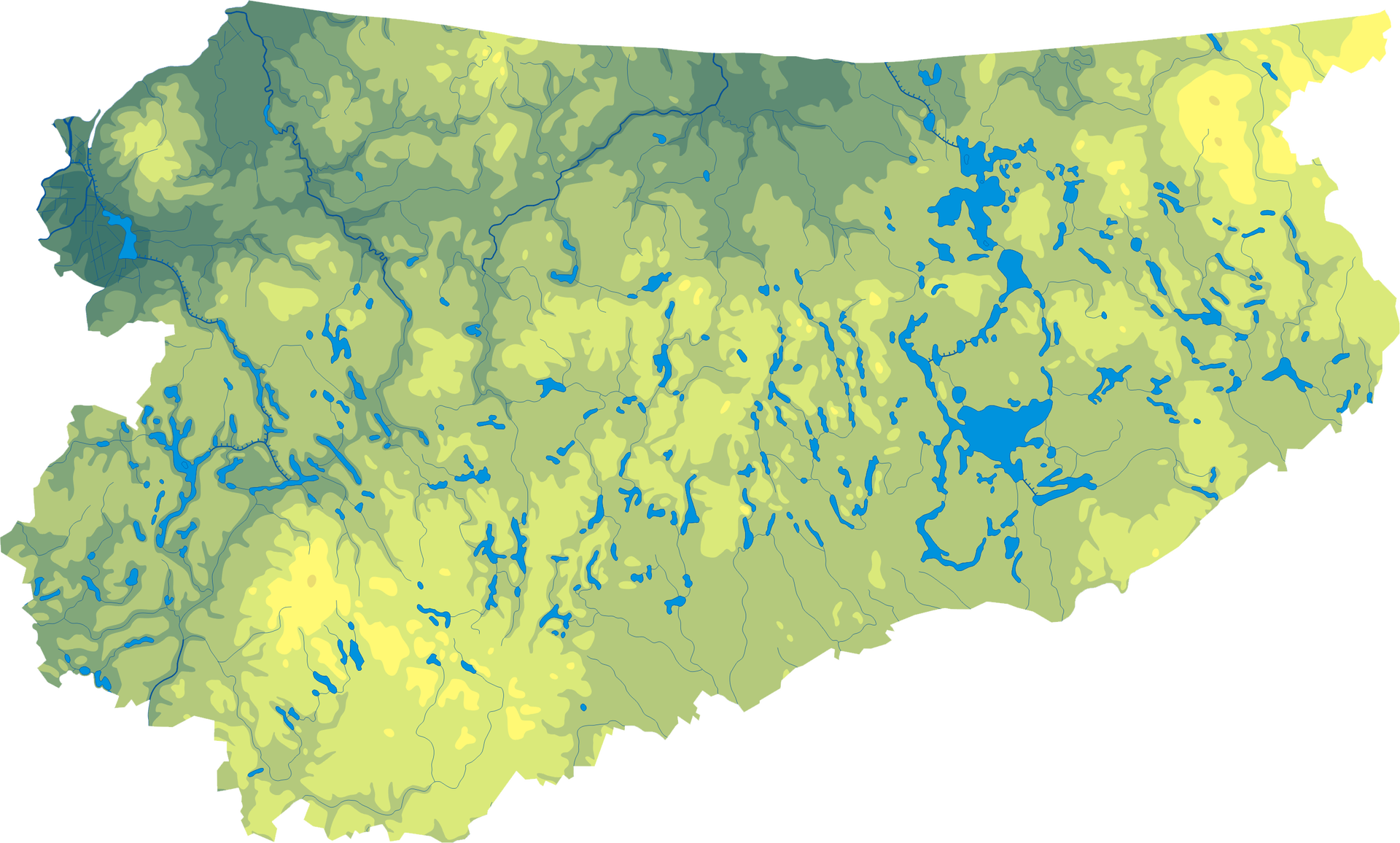 Ilustracja przedstawia mapę Krainy Wielkich Jezior Mazurskich. Liczne rzeki łączące poszczególne jeziora zilustrowane jako niebieskie linie, a niebieskie plamy różnej wielkości to jeziora. 