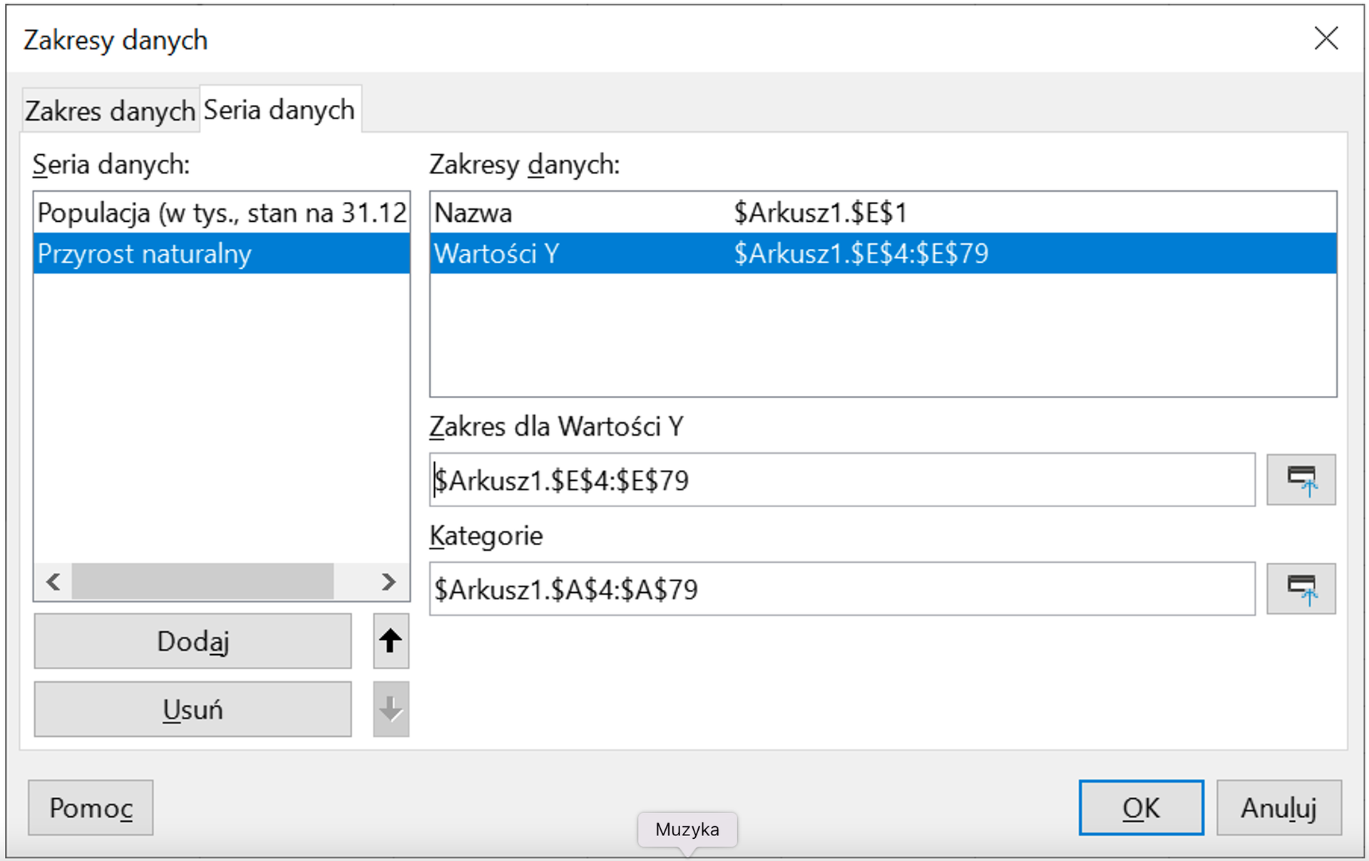 Ilustracja przedstawia okno opcji: Zakres danych. Z zakładki Seria danych wybrano: Przyrost naturalny. W Zakresie danych wybrano Wartości Y, $Arkusz1.$B$4:$B$79. Poniżej podano Zakres dla Wartości Y: $Arkusz1.$B$4:$B$79, a pod tą wartością w opcji Kategorie: $Arkusz1.$A$4:$A$79. Zastosowano przycisk OK.   