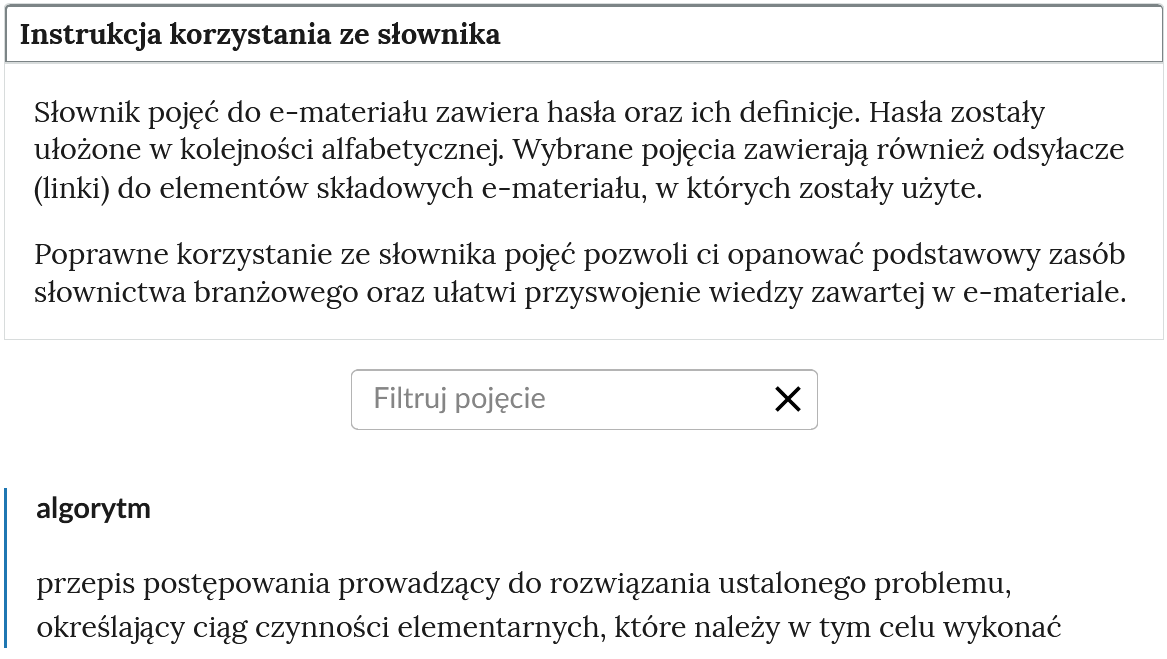 Ilustracja przedstawia widok na górną część słownika. Na górze znajduje się otwarty panel z instrukcją. Niżej widnieje pole do filtrowania haseł, a na dole hasło wraz z definicją.
