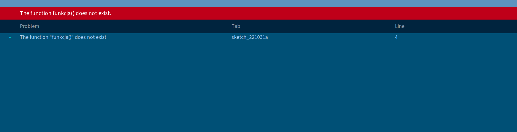 Ilustracja przedstawia zrzut ekranu na którym widoczny jest bład w środowisku Processing. W górnej części okna znajduje się informacja:  The function funkcja  does not exist. Niżej znajduje się opis problemu. The function funkcja  does not exist. Obok wskazano wartości dla Tab oraz Line.