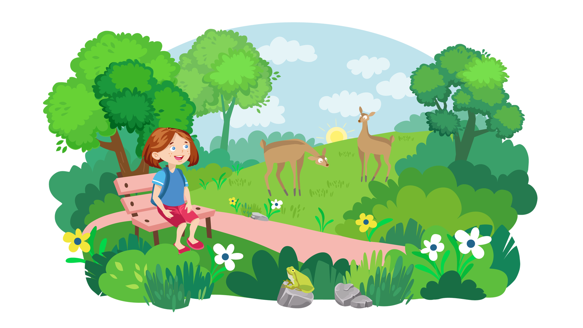 Ilustracja przedstawia rozległy teren porośnięty zielenią. W tle widać błękitne niebo z jasnymi chmurami i słońcem. Dookoła są pojedyncze drzewa liściaste, liczne krzewy i kępki wysokiej trawy. Gdzieniegdzie rosną białe i żółte kwiaty. Na pierwszym planie leżą trzy niewielkie szare kamienie. Na największym z nich siedzi zielona żaba. W centralnej części ilustracji jest łąka, na której stoją dwie brązowe sarny. Nieco bliżej biegnie ścieżka. Po lewej stronie znajduje się przy niej jasnoróżowa ławka, na której siedzi szeroko uśmiechnięta Maja z granatowym plecakiem założonym na plecy. Dziewczynka obserwuje stojące na łące sarny. Sarna to duże zwierzę o krótkiej brązowej sierści, małej głowie, małych, sterczących uszach i czterech długich nogach zakończonych kopytami.