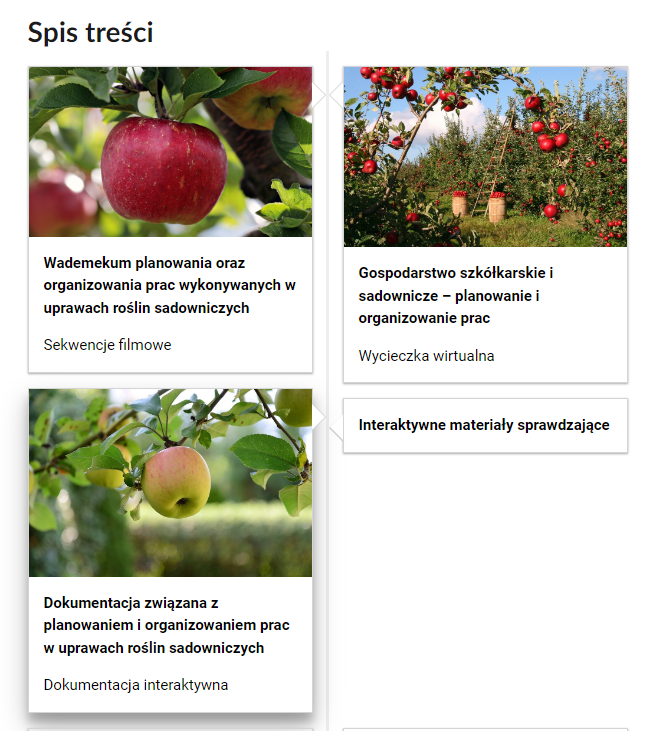 Grafika przedstawia spis treści tej lekcji. Przedstawiono cztery kafelki. Na trzech z nich umieszczono tytuł materiału, jego rodzaj oraz ilustrację powiązaną z jego tematem. Na jednym umieszczono jedynie rodzaj materiału. Pierwszy kafelek zatytułowano: Wademekum planowania oraz organizowania prac wykonywanych w uprawach roślin sadowniczych. Sekwencje filmowe. Posiada on ilustrację przedstawiającą na pierwszym planie dojrzałe czerwone jabłko wiszące na gałęzi. Drugi kafelek zatytułowano: Gospodarstwo szkółkarskie i sadownicze – planowanie i organizowanie prac. Wycieczka wirtualna. Posiada on ilustrację przedstawiającą dojrzałe czerwone jabłka na gałęziach w sadzie, a w tle drabinę przystawioną do jednego z drzewek.. Trzeci kafelek zatytułowano: Dokumentacja związana z planowaniem i organizowaniem prac w uprawach roślin sadowniczych. Dokumentacja interaktywna. Posiada on ilustrację przedstawiającą gałąź jabłoni z żółtoczerwonym owocem. Czwarty kafelek zatytułowano: Interaktywne materiały sprawdzające. 