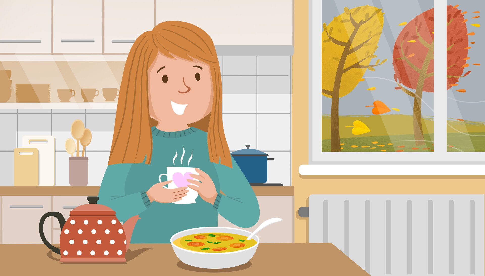 Ilustracja przedstawia dziewczynę stojącą kuchni przy stole. Dziewczyna trzyma w ręku filiżankę z parującym napojem. Na stole przed nią znajduje się czajniczek i talerz zupy. Za oknem wieje wiatr, który zrywa z drzew kolorowe liście.