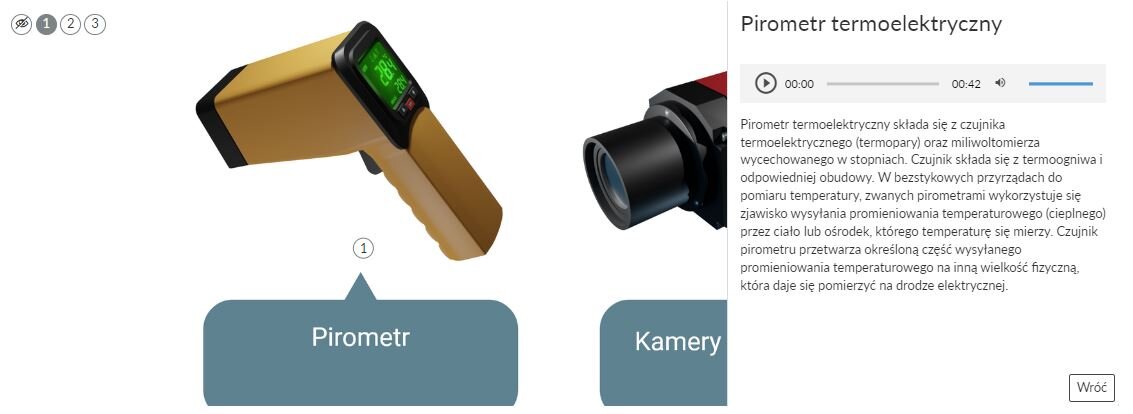 Przykładowy wygląd planszy interaktywnej po kliknięciu znacznika. Na ekranie pokazany wygląd planszy po kliknięciu w wybrany przycisk. Pp prawej stronie nazwa, nagranie dźwiękowe, opis oraz schemat.