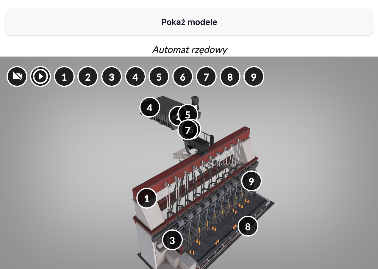 Na ilustracji jest zrzut ekranu na okno Modelu 3D. W oknie jest automat rzędowy z interaktywnymi numerami od 1 do 9.