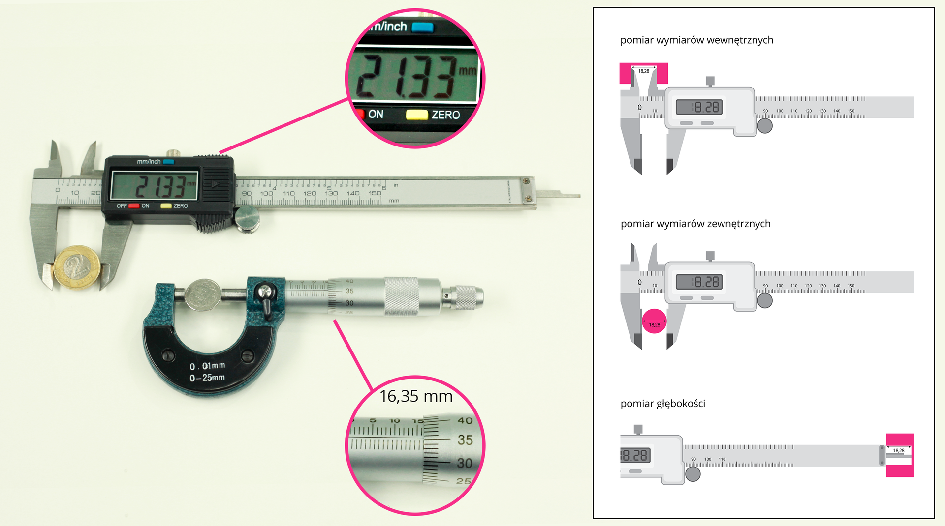 Ilustracja przedstawia przyrządy do dokładnych pomiarów długości: suwmiarkę i śrubę mikrometryczną.
