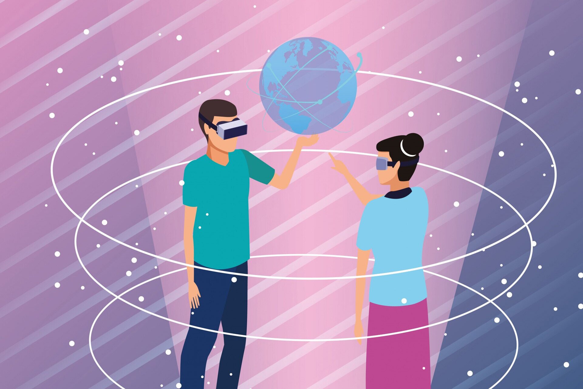 Ilustracja przedstawia kobietę i mężczyznę w goglach VR dotykających wiszącą w powietrzu kulę ziemską. 