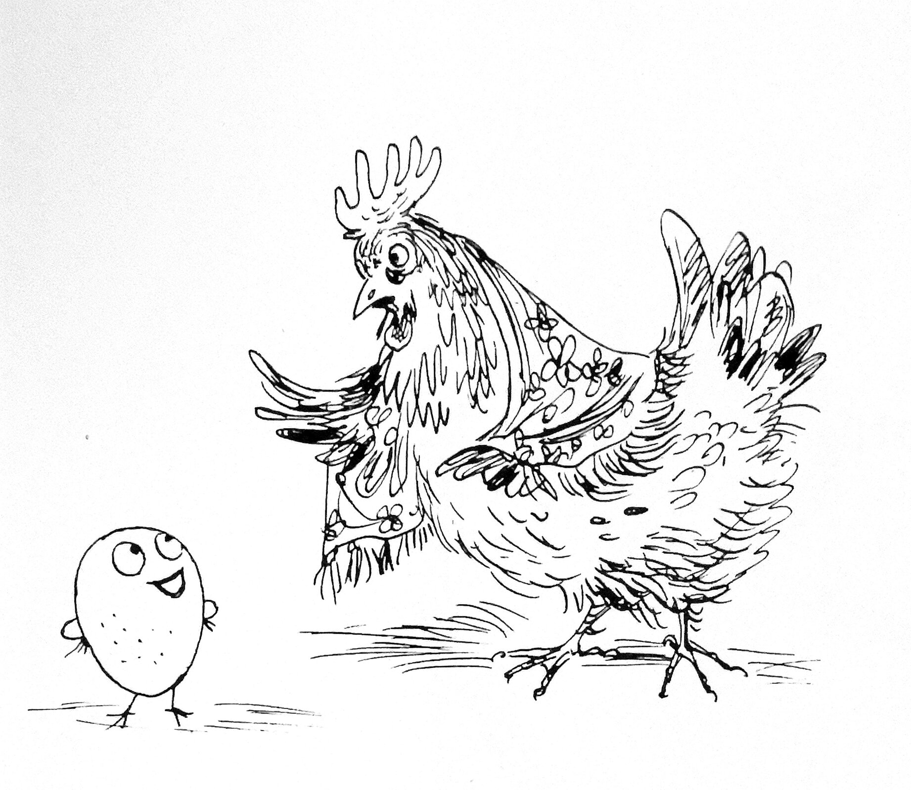 Ilustracja przedstawia grafikę z książki dla dzieci Jana Brzechwy "Brzechwa dzieciom", na której znajduje się kura rozmawiająca z jajkiem. stojącym na cienkich nóżkach i podpierającym się pod boki.