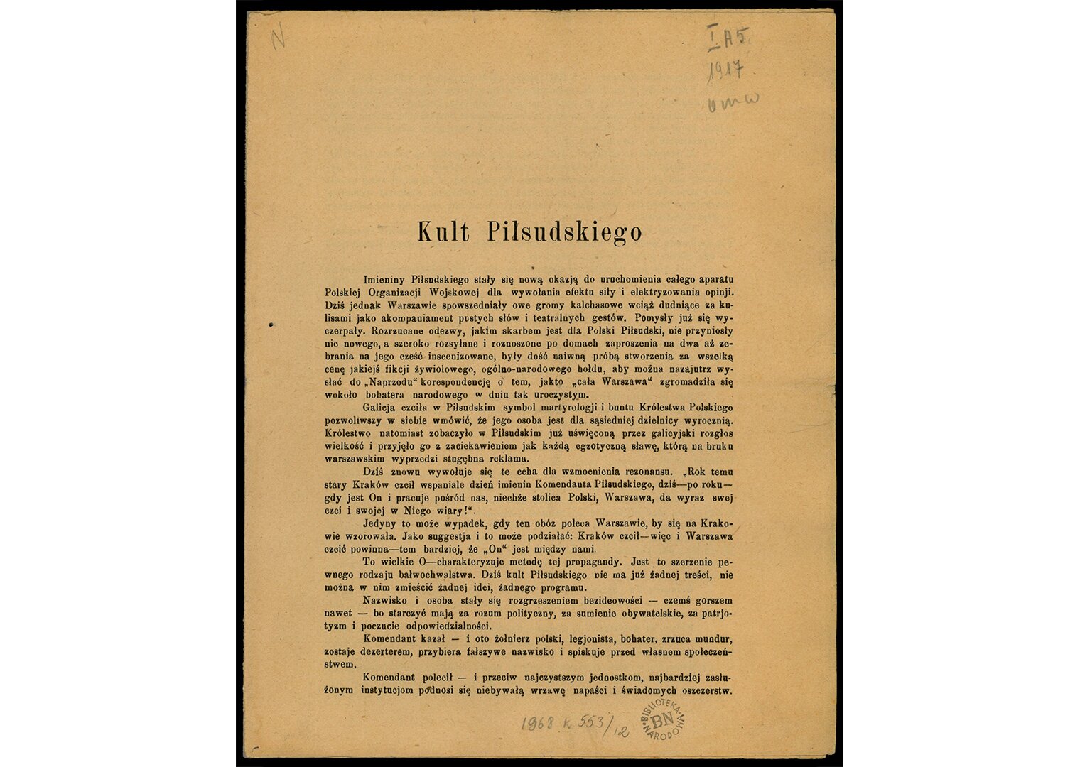 Fotografia przedstawia druk ulotny z czasów I wojny światowej.