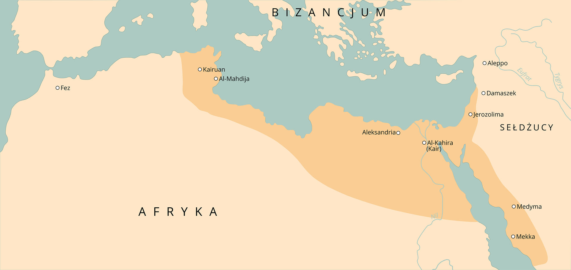 Mapa pokazuje fragment południa Europy, Afryki Północnej i bliskiego wschodu. Na mapie wyróżniony został obszar, który zajmował kalifat fatymidzki u szczytu swego rozwoju terytorialnego. Na początku drugiej połowy 10 wieku kalifat zajmuje teren obecnej północno wschodniej część Afryki u wybrzeża Morza Śródziemnego. 