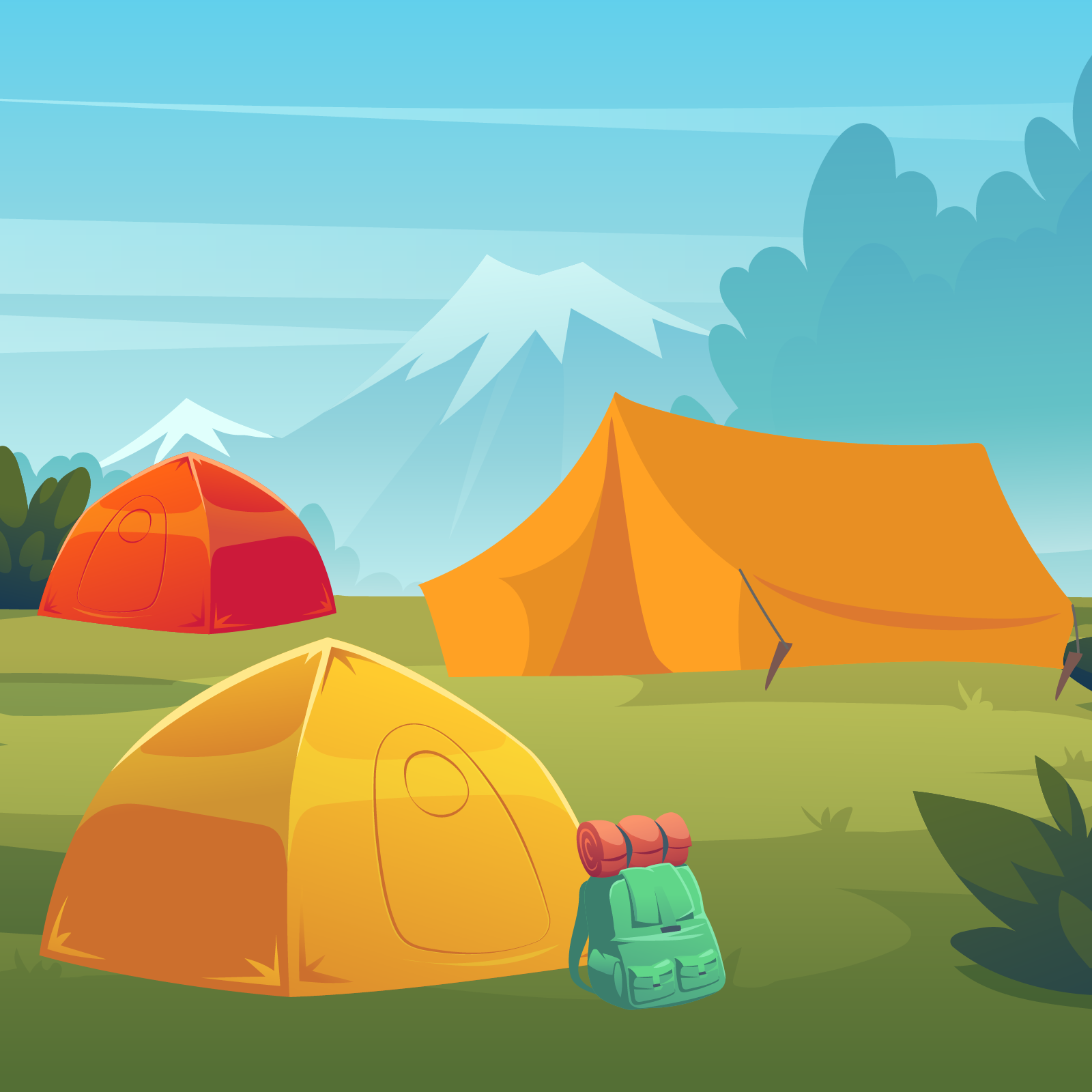 Ilustracja przedstawia zieloną polanę, na której rozłożone są trzy namioty. Dwa z trzech namiotów, są małe i strzeliste. Trzeci namiot, jest duży i przypomina kształtem dom. Przy namiocie na pierwszym planie znajduje się plecak z przytroczoną karimatą. W tle widoczne są ośnieżone szczyty gór. 