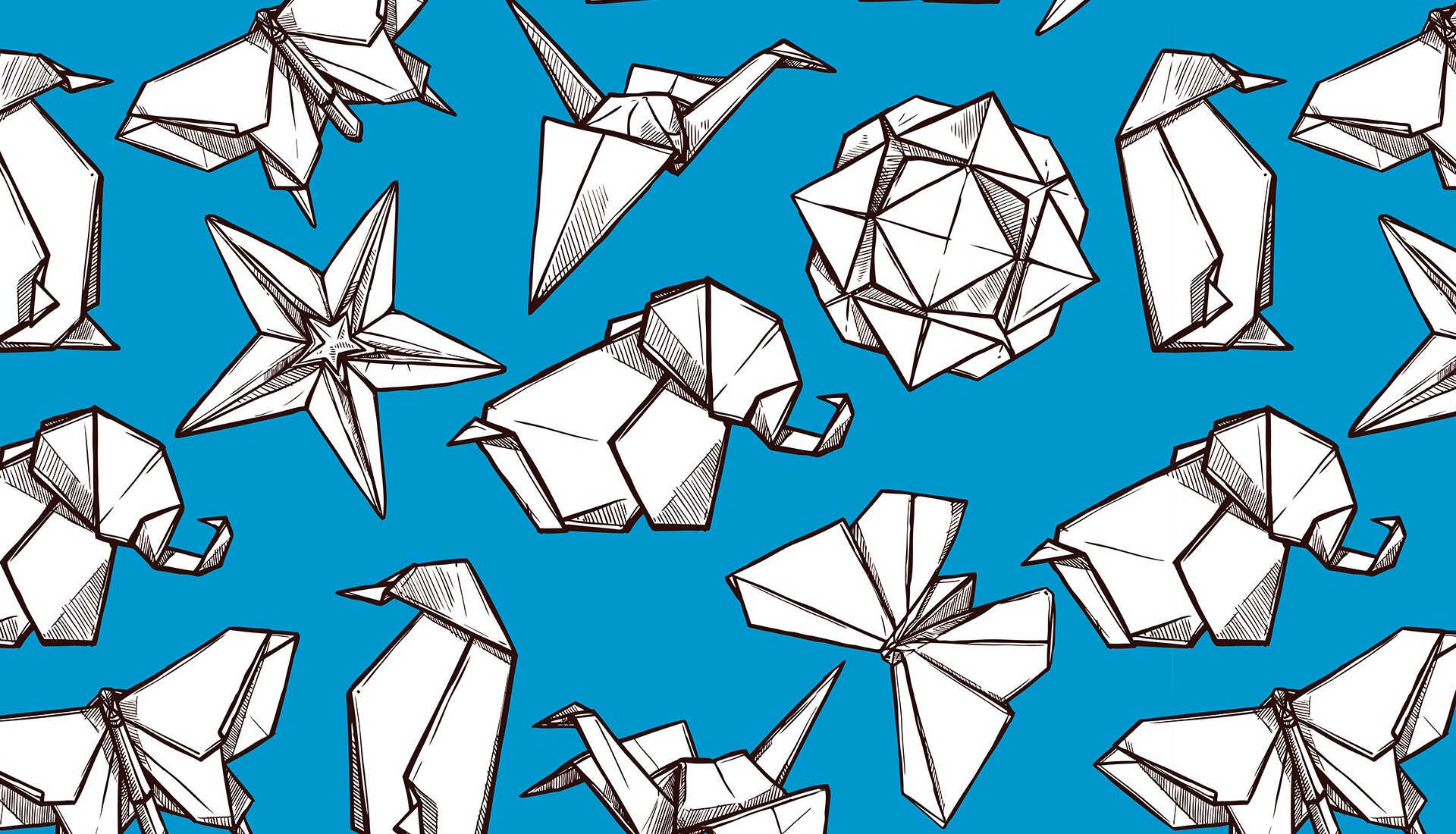 Ilustracja przedstawia rozsypane na niebieskim tle figurki z białego papieru, ułożone metodą origami. Widoczne są figurki słonia, pingwina, motyla, rozgwiazdy i ptaka.  