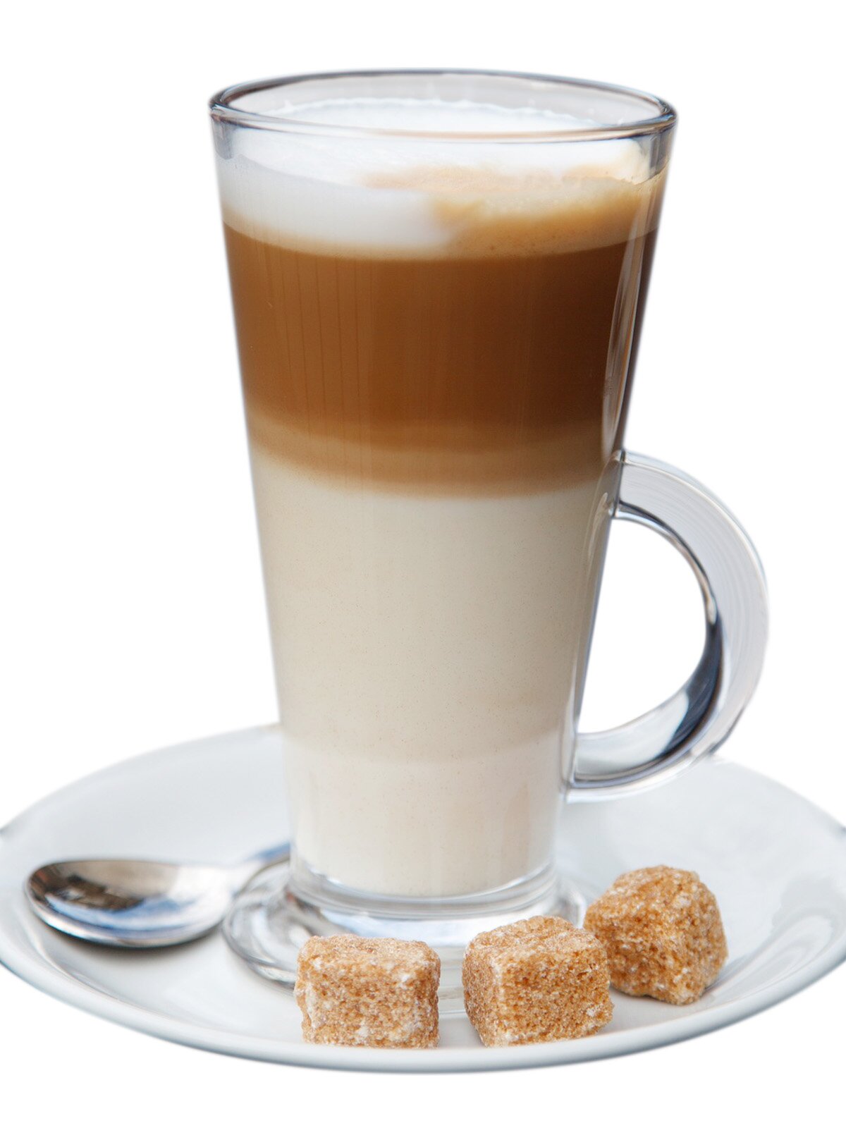 Ilustracja przedstawiająca wysoką szklankę, w której znajduje się trzywarstwowa kawa. Na górze warstwa pianki.