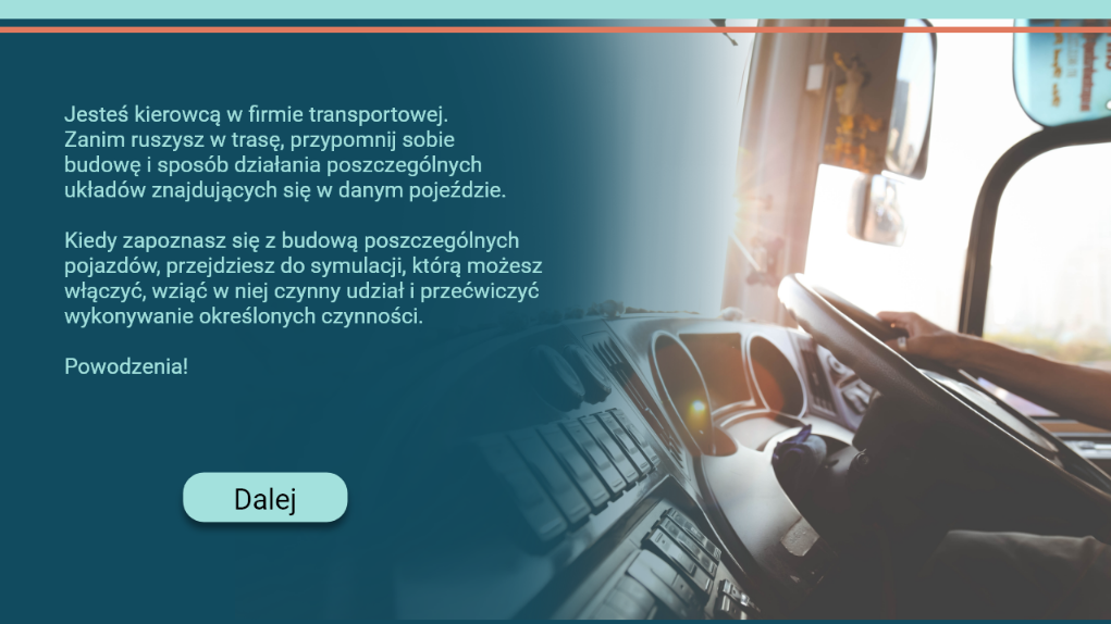 Ekran pokazujący informacje wprowadzające w symulatorze