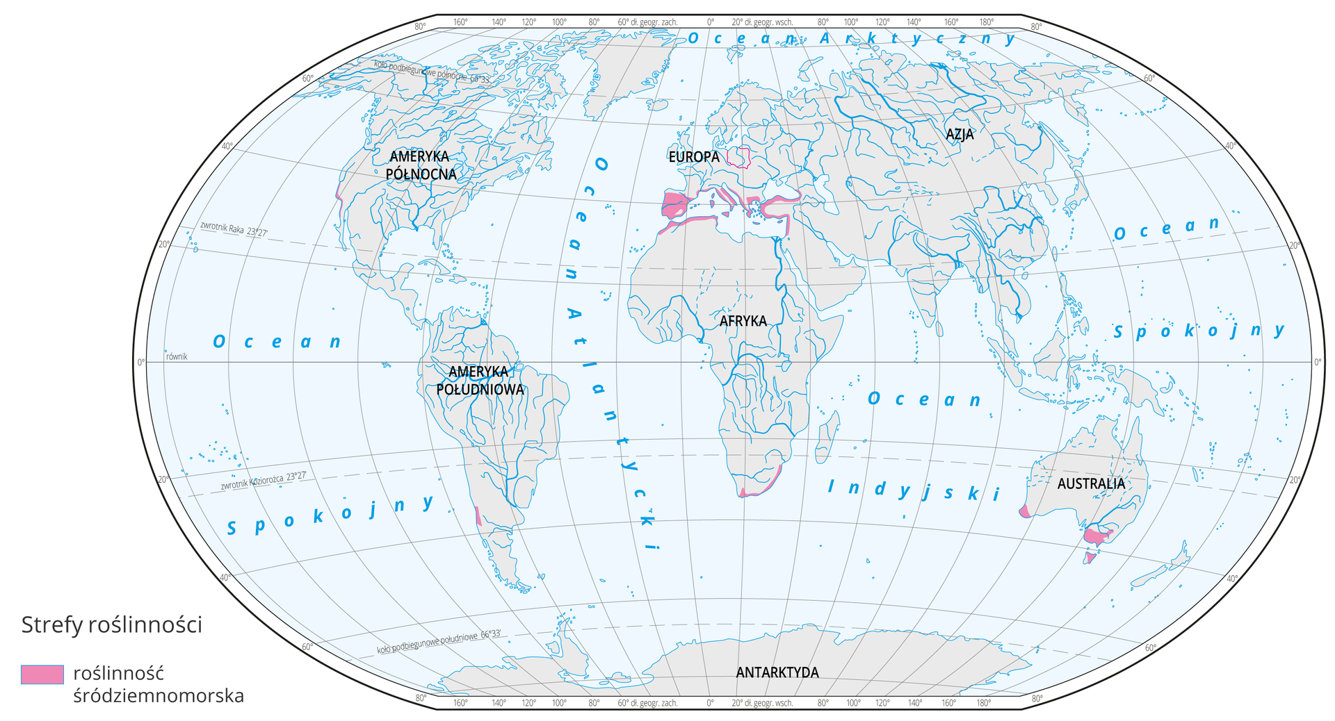 Mapa świata w formie elipsy, prezentuje występowanie klimatu śródziemnomorskiego na Ziemi. Klimat śródziemnomorski oznaczono kolorem fioletowym na mapie, który występuje: na wybrzeżach i wyspach Morza śródziemnego, na południu Afryki i Australii. Na mapie, zaznaczono współrzędne geograficzne,  podpisano: Ameryka północna, Ameryka południowa, Europa, Afryka, Azja, Australia, Antarktyda,  Ocean Spokojny, Ocean Atlantycki, Ocean Indyjski, Ocean Arktyczny. 