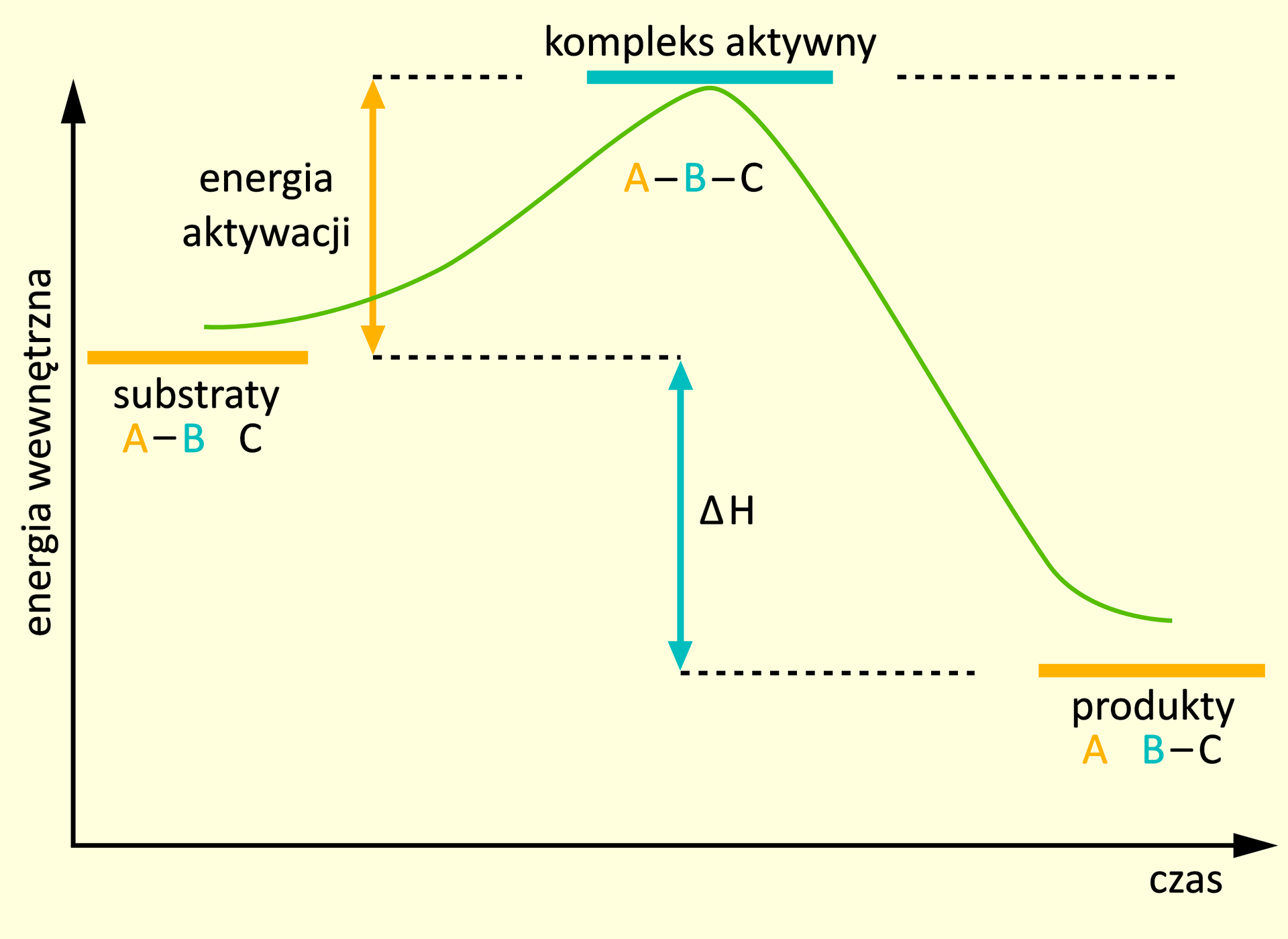Wykres zależności energii wewnętrznej układu od czasu dla reakcji egzotermicznej. Energia substratów A wiązanie B oraz C zaznaczona jako poziomy odcinek po lewej stronie. Następnie funkcja rośnie osiągając maksimum, które odpowiada energii kompleksu aktywnego A wiązanie B wiązanie C. Dalej funkcja maleje i wypłaszcza się, przyjmując wartość mniejszą niż energia substratów, to jest energię produktów A oraz B wiązanie C. Różnica pomiędzy energią kompleksu aktywnego i energią substratów to energia aktywacji, natomiast różnica pomiędzy energią produktów i energią substratów to ∆H.