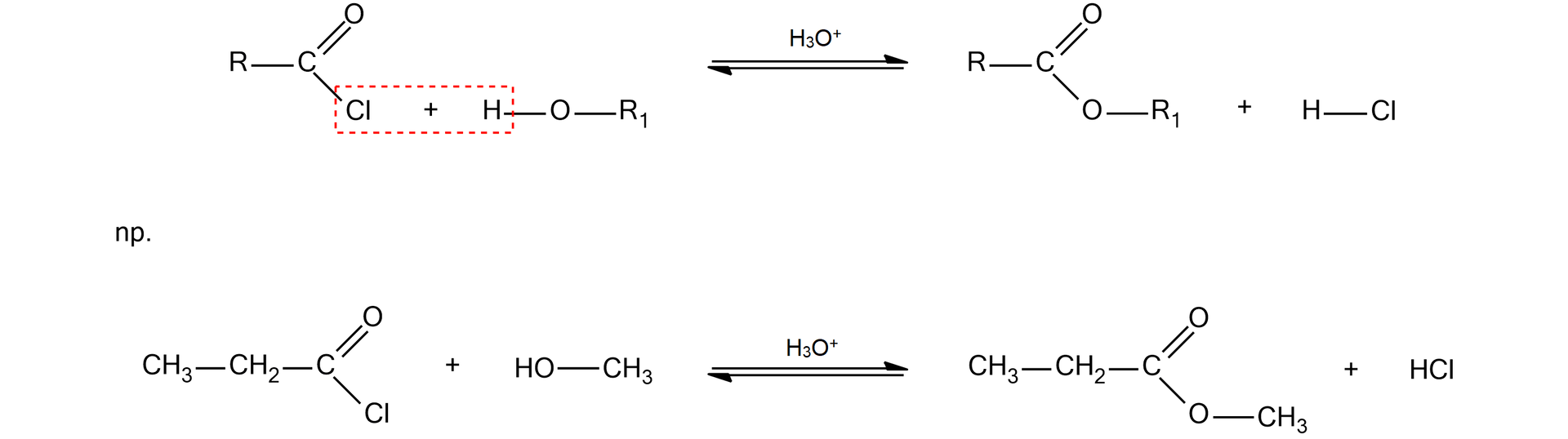 Ilustracja przedstawiająca ogólny schemat reakcji estryfikacji, to jest alkoholizy chlorku kwasowego wraz z przykładem. Cząsteczka chlorku kwasowego zbudowanego z podstawnika R związanego z atomem węgla połączonym za pomocą wiązania podwójnego z atomem tlenu oraz za pomocą wiązania pojedynczego z atomem chloru Cl. Dodać cząsteczkę alkoholu zbudowanego z grupy hydroksylowej OH połączonej z podstawnikiem R1. Atom chloru pochodzący od chlorku kwasowego oraz atom wodoru należący do grupy OH w alkoholu są zaznaczone czerwoną ramką. Strzałki równowagowe, nad nim znajduje się jon hydroniowy. Za strzałkami cząsteczka estru zbudowanego z podstawnika R związanego z atomem węgla połączonym za pomocą wiązania podwójnego z atomem tlenu oraz za pomocą wiązania pojedynczego z kolejnym atomem tlenu podstawionym grupą R1. Dodać cząsteczkę chlorowodoru HCl. Poniżej przedstawiono przykładowe równanie reakcji pomiędzy chlorkiem propionylu i metanolem. Cząsteczka chlorku propionylu zbudowanego z grupy metylowej CH3 połączonej z grupą metylenową CH2, która to wiąże się z atomem węgla połączonym za pomocą wiązania podwójnego z atomem tlenu oraz za pomocą wiązania pojedynczego z atomem chloru. Dodać cząsteczkę metanolu zbudowanego z grupy hydroksylowej OH połączonej z podstawnikiem CH3. Atom chloru pochodzący od chlorku kwasowego oraz atom wodoru należący do grupy OH w cząsteczce alkoholu są zaznaczone czerwoną ramką. Strzałki równowagowe, nad nim znajduje się jon hydroniowy. Za strzałkami cząsteczka estru zbudowanego z podstawnika CH3CH2 związanego z atomem węgla połączonym za pomocą wiązania podwójnego z atomem tlenu oraz za pomocą wiązania pojedynczego z kolejnym atomem tlenu podstawionym grupą metylową CH3. Dodać cząsteczkę chlorowodoru HCl.